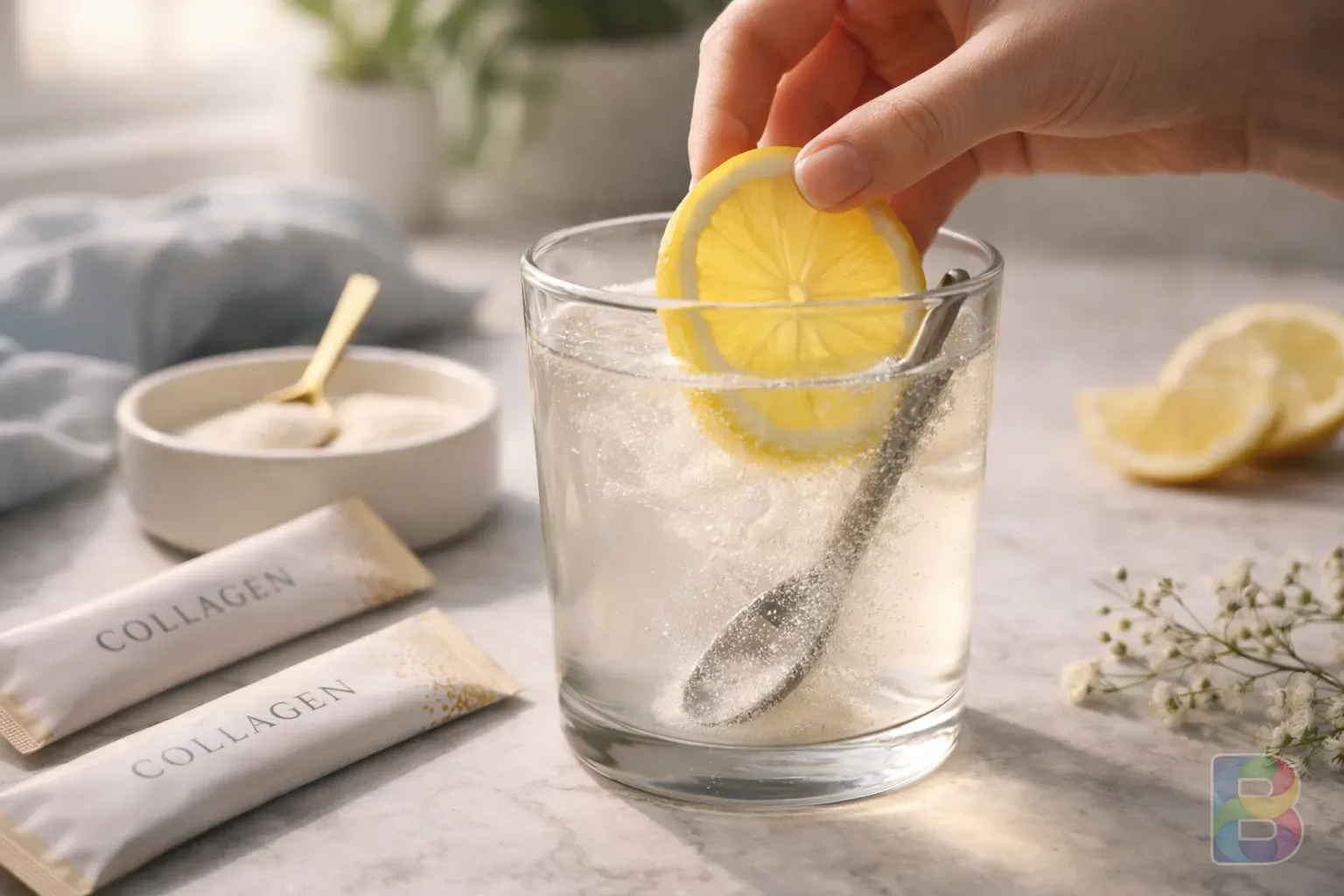 photorealistic, a person adding a slice of lemon to a drink with collagen powder, vibrant colors, fresh atmosphere, high detail photography