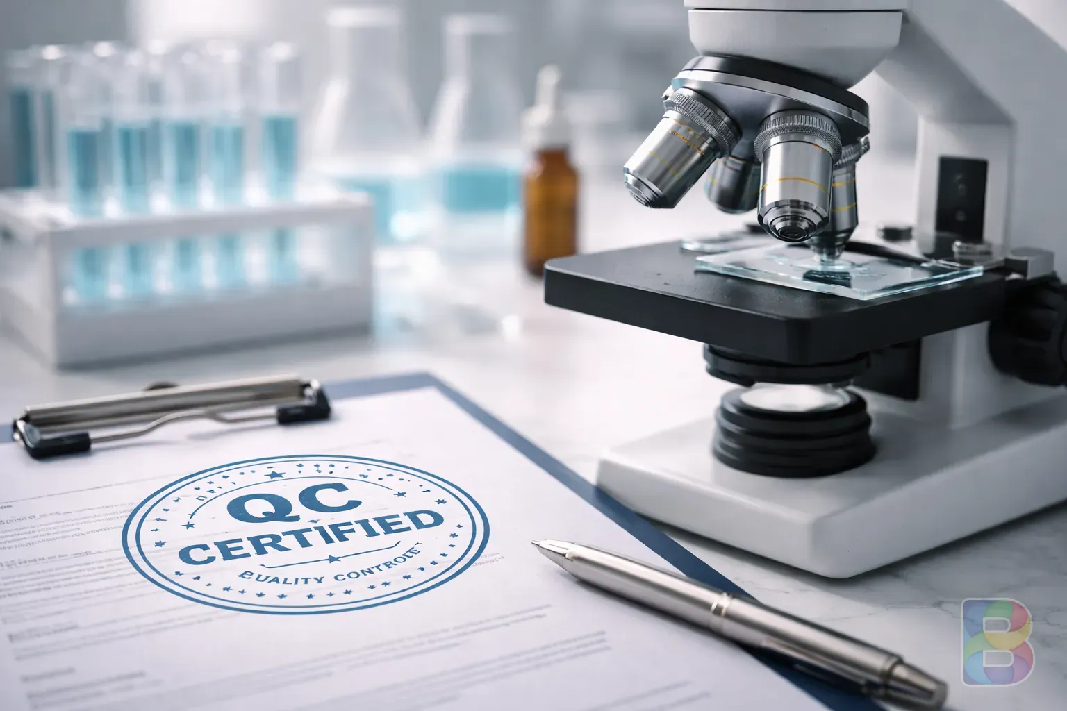 photorealistic, professional laboratory setting showing a quality control seal and a microscope, clean clinical vibe, soft blue lighting