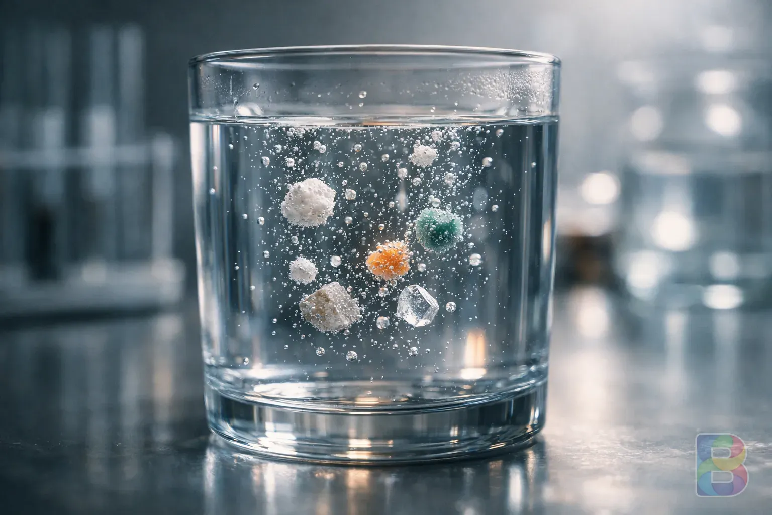 photorealistic, a glass of water with floating electrolytes or minerals, soft laboratory lighting, clean and clinical aesthetic, macro shot