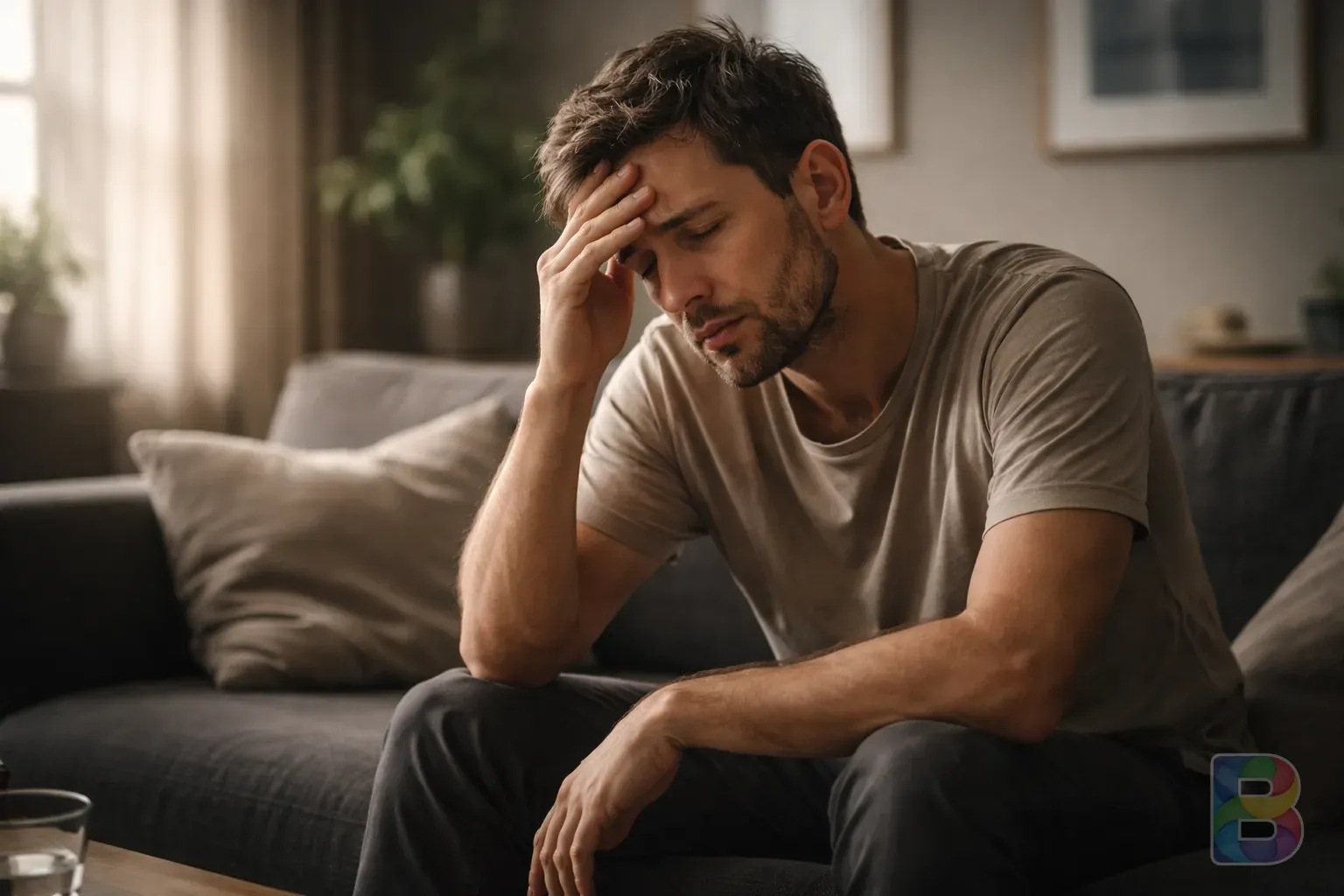 photorealistic, a person sitting on a sofa looking exhausted and dizzy, soft afternoon sunlight through window, cinematic lighting, moody feeling