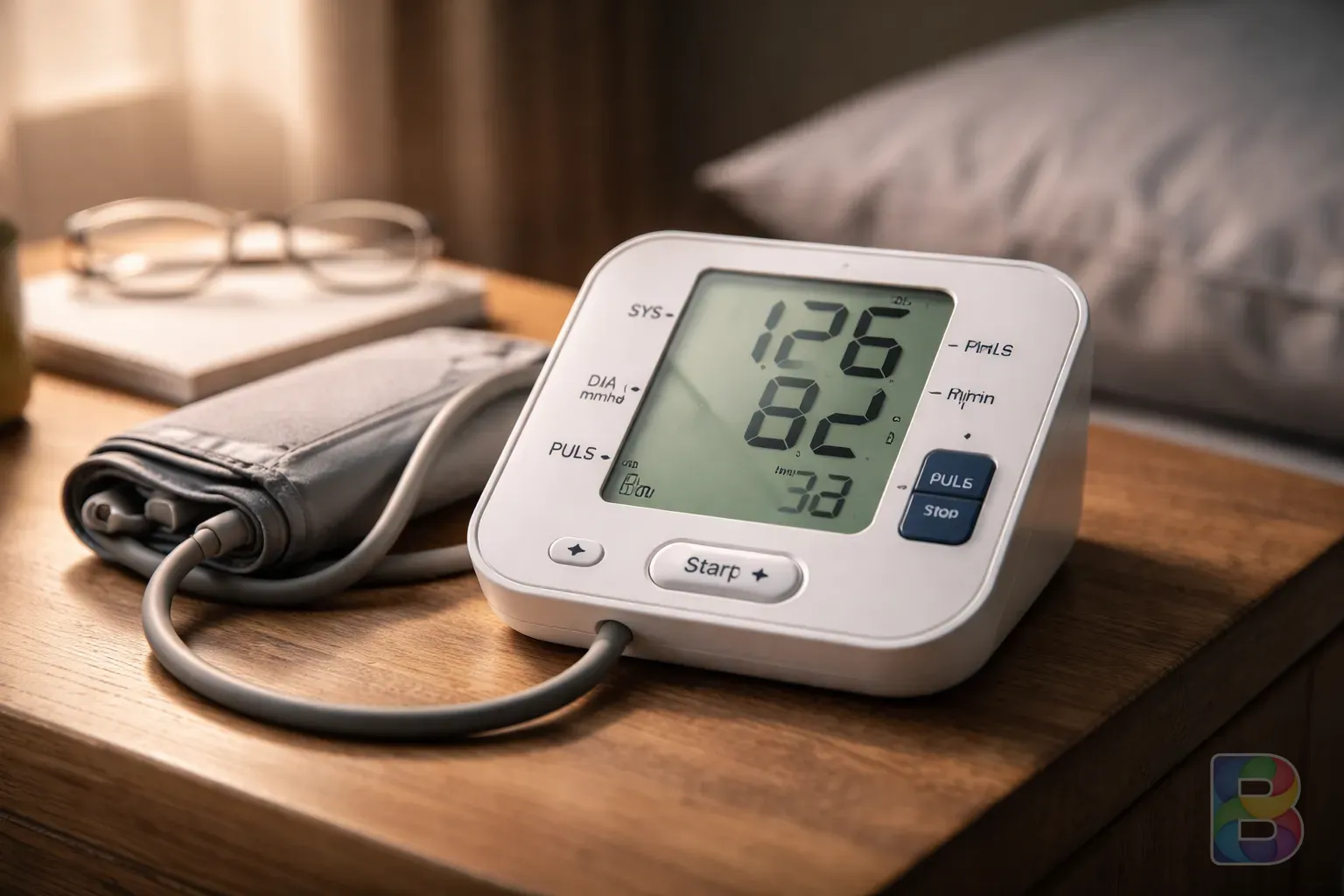 photorealistic, close-up of a digital blood pressure monitor on a bedside table, soft lighting, reassuring and calm medical theme