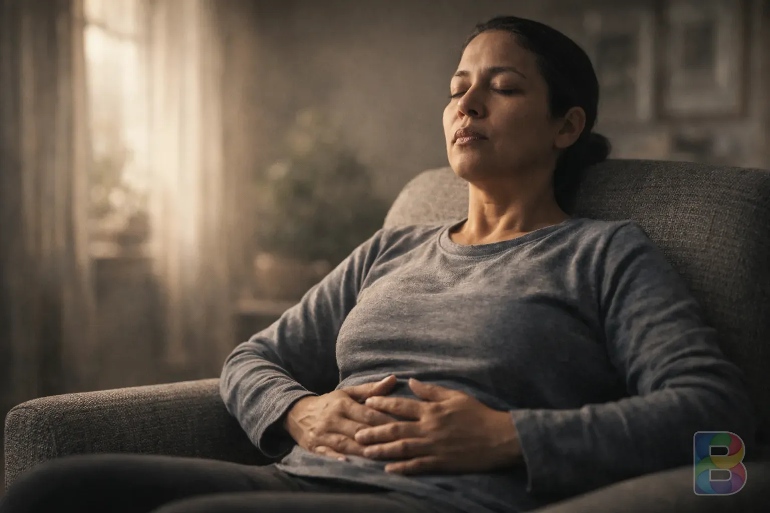 photorealistic, a person sitting comfortably in a chair performing deep breathing exercises, soft focus background, tranquil mood, cinematic lighting