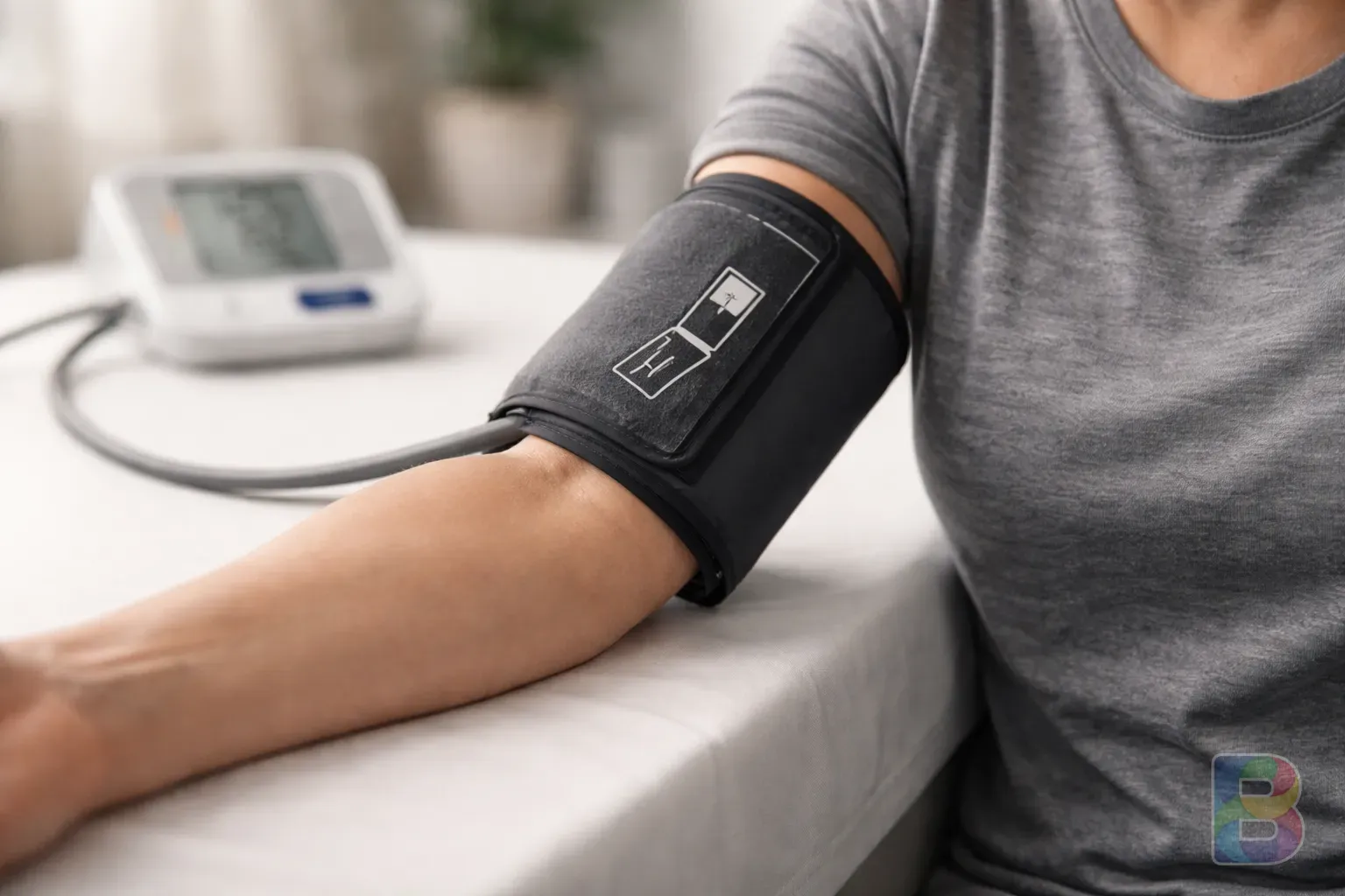 photorealistic, detail shot of a person's arm with a blood pressure cuff correctly positioned, arm at heart level, clean clinical background, high detail