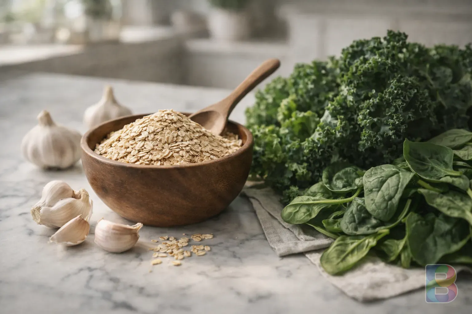 photorealistic, close-up of healthy foods like oats, garlic, and leafy greens on a marble countertop, bright and airy kitchen setting, cinematic lighting