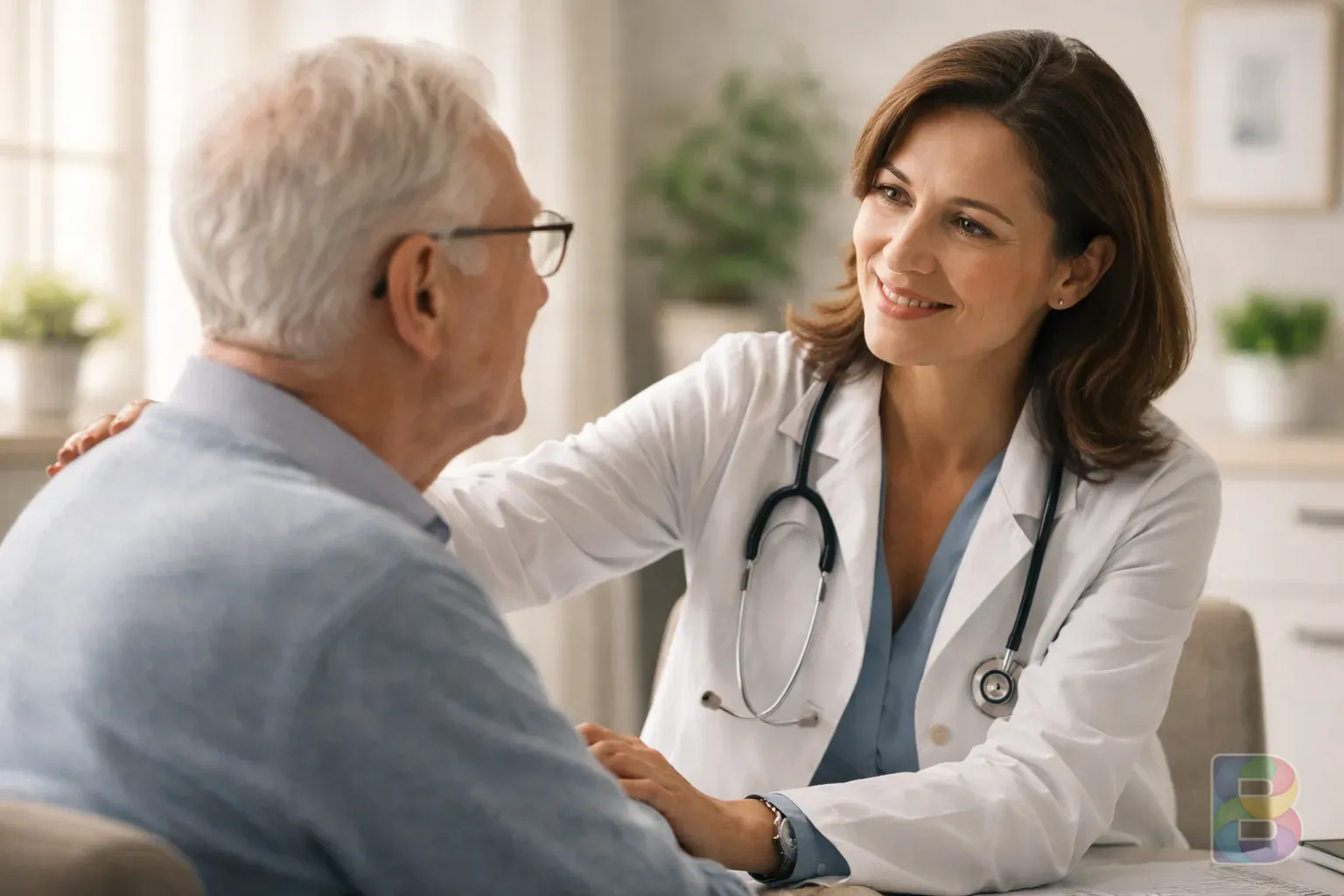 photorealistic, a professional doctor speaking kindly to an elderly patient in a bright consultation room, soft lighting, trustful atmosphere