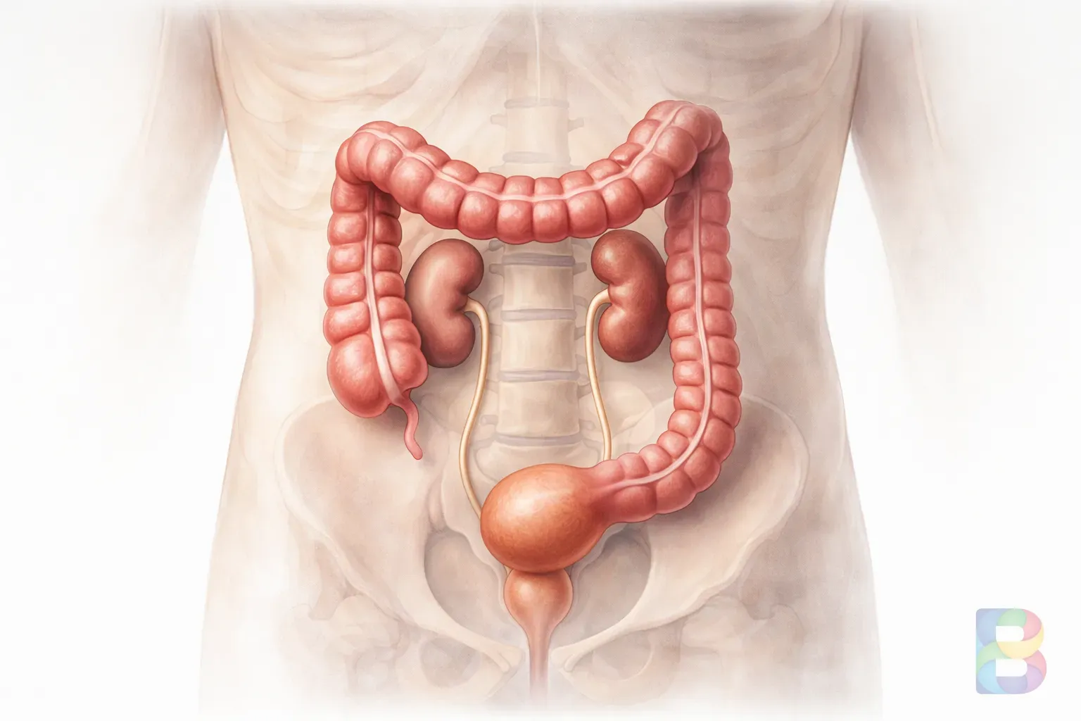 photorealistic, medical illustration of the human lower abdomen focusing on the descending colon and urinary system, clean clinical style, soft lighting