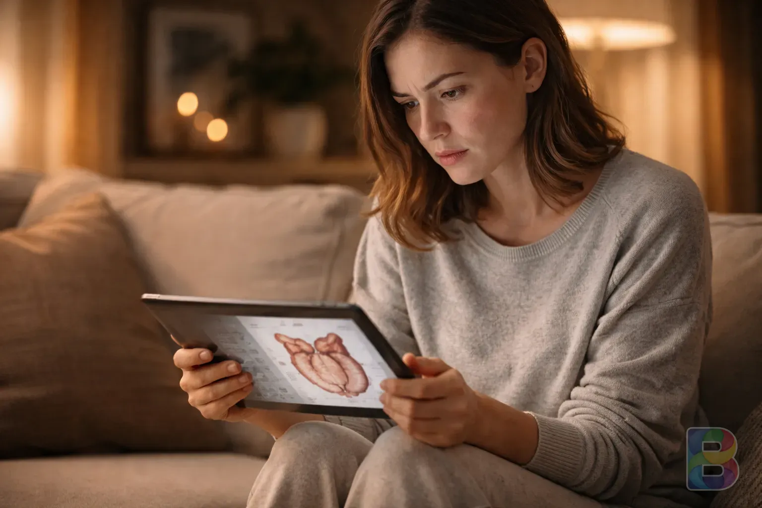 photorealistic, a person sitting on a sofa looking concerned while holding a digital tablet with medical charts, warm interior lighting, cinematic focus