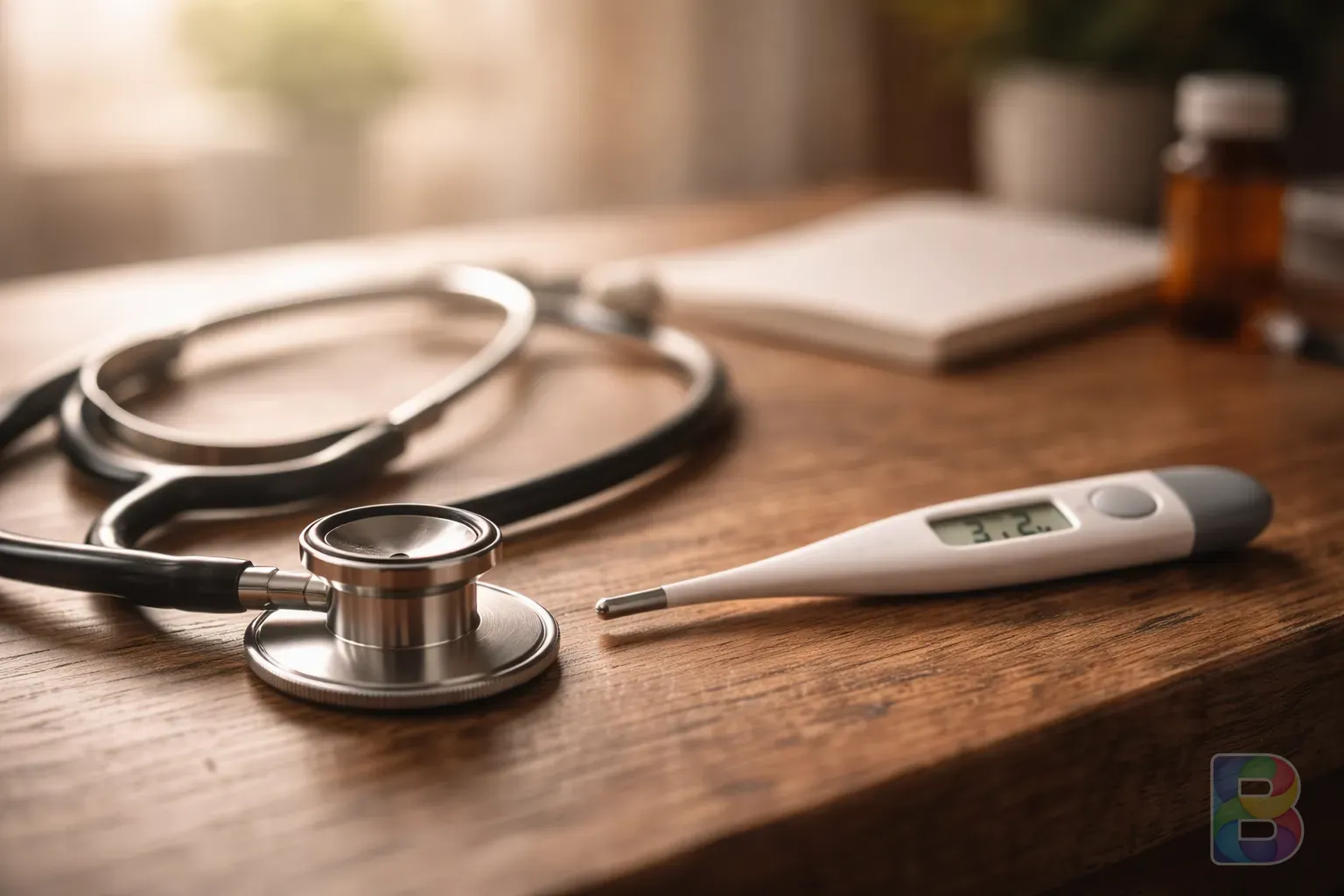 photorealistic, detail shot of a medical stethoscope and a thermometer on a wooden table, soft morning light, clinical yet warm atmosphere
