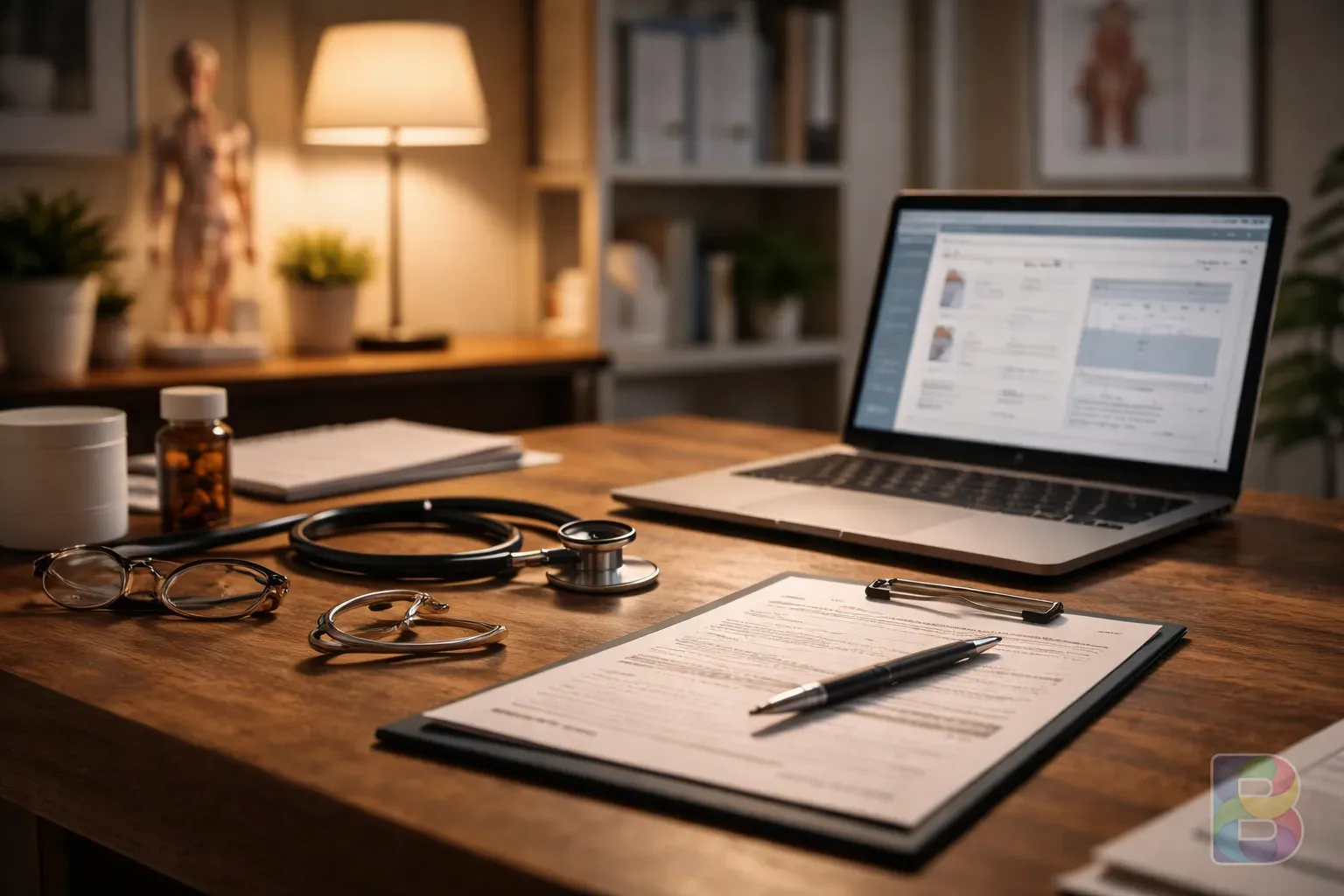 photorealistic, a doctor's office with a laptop and medical documents, focused lighting on the desk, reassuring professional environment