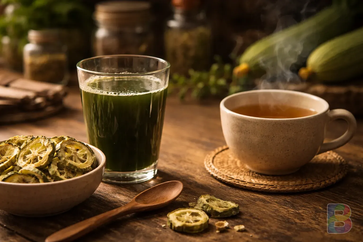 photorealistic, a wooden table with a glass of dark green luffa juice, dried luffa slices in a bowl, and a warm cup of tea, cozy herbal medicine shop atmosphere, cinematic lighting