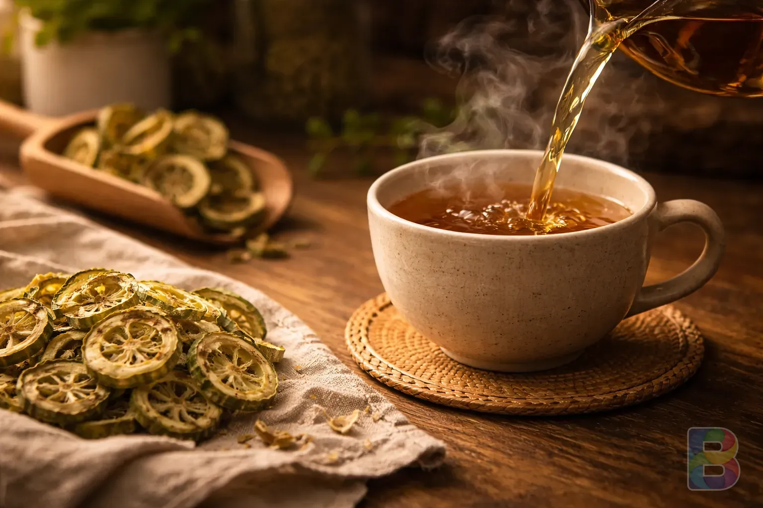 photorealistic, warm herbal tea being poured into a ceramic cup, steam rising, dried luffa slices nearby on a linen cloth, soft golden hour lighting