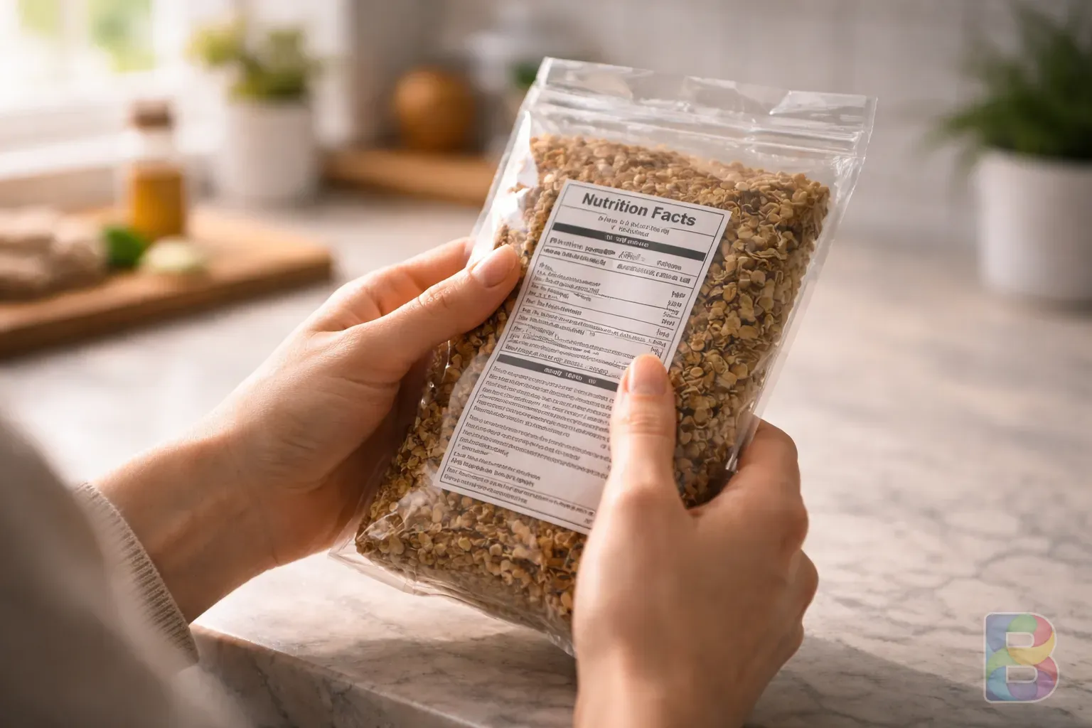 photorealistic, a cautious person reading a food label in a bright kitchen, focus on the hands and the label, soft lighting, calm and informative mood