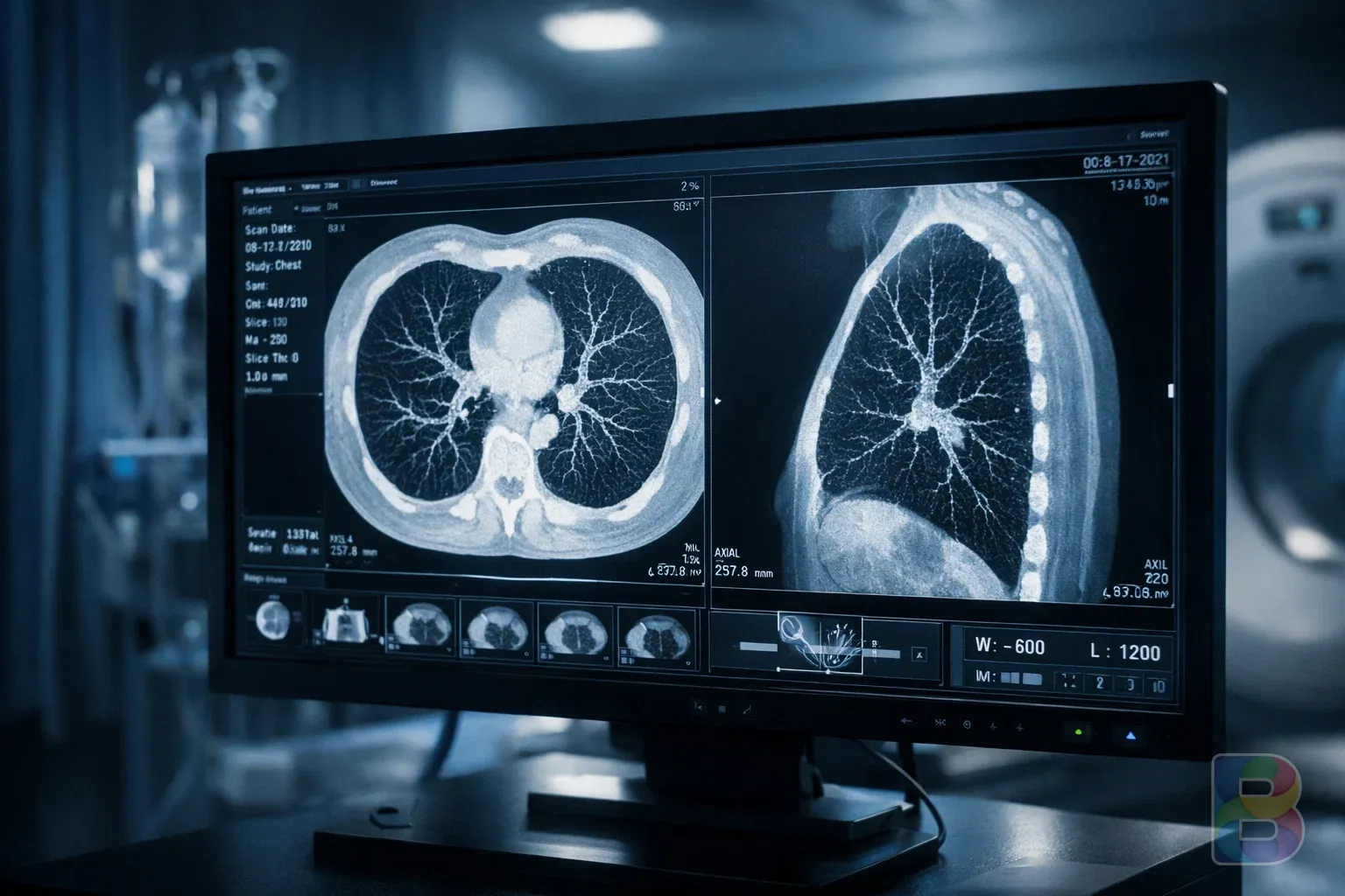 photorealistic, detail shot of a medical CT scan monitor showing lung structures, professional hospital setting, soft blue lighting, high resolution, cinematic