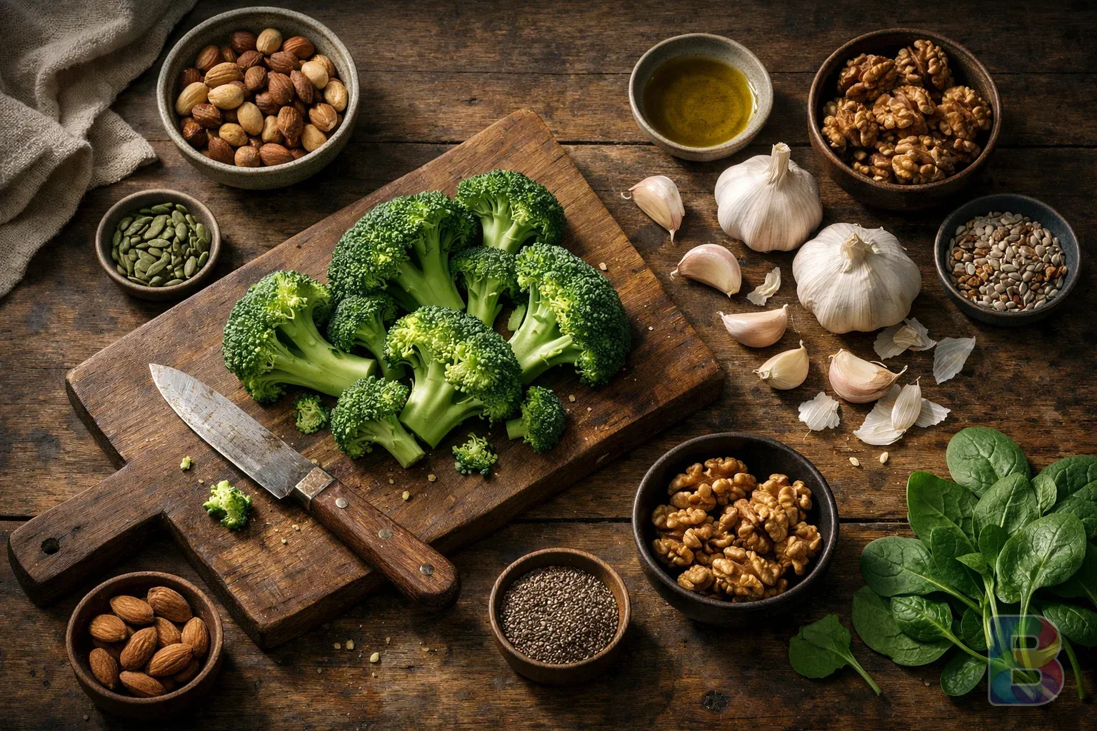 photorealistic, top-down view of healthy foods like broccoli, garlic, and nuts on a wooden table, soft natural light, clean and healthy lifestyle mood