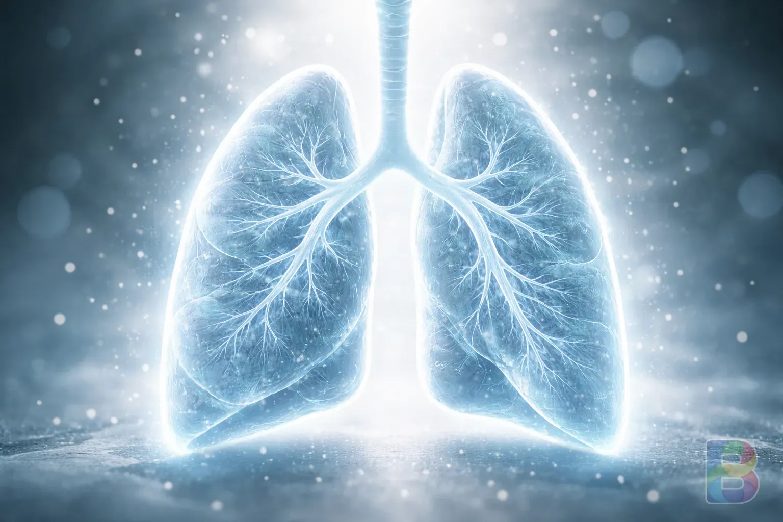 photorealistic, macro shot of human lungs illustration glowing with soft blue light, surrounded by clean air particles, cinematic lighting, scientific yet artistic