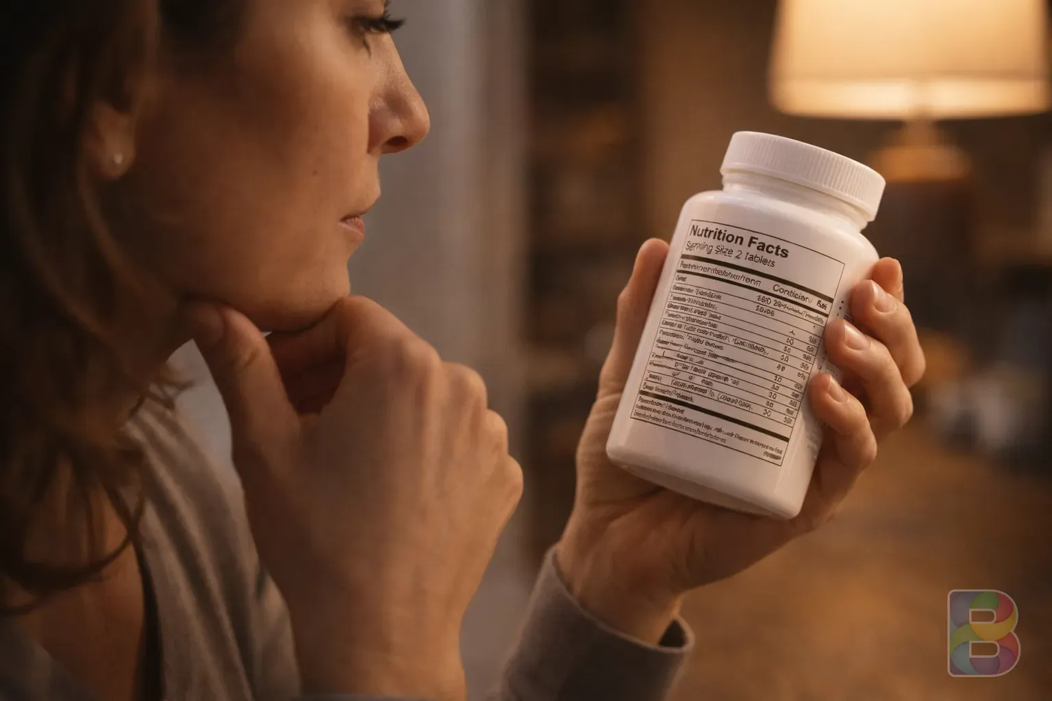 photorealistic, close-up of a person checking a nutrition label with a thoughtful expression, warm home lighting, cinematic atmosphere, focus on hands and bottle