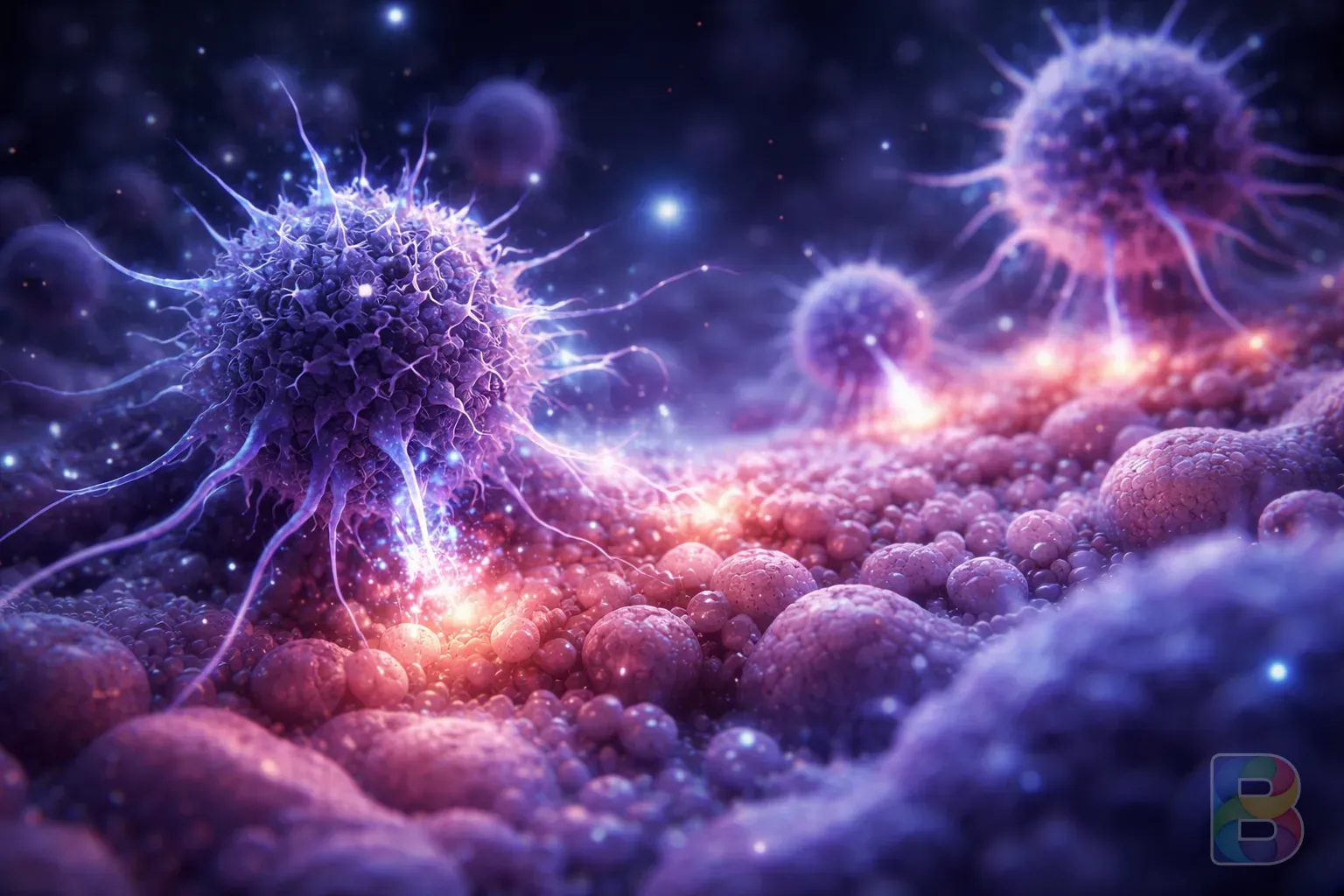 photorealistic, microscopic view of immune cells attacking healthy tissue, glowing particles, deep blue and violet tones, cinematic scientific visualization, high detail