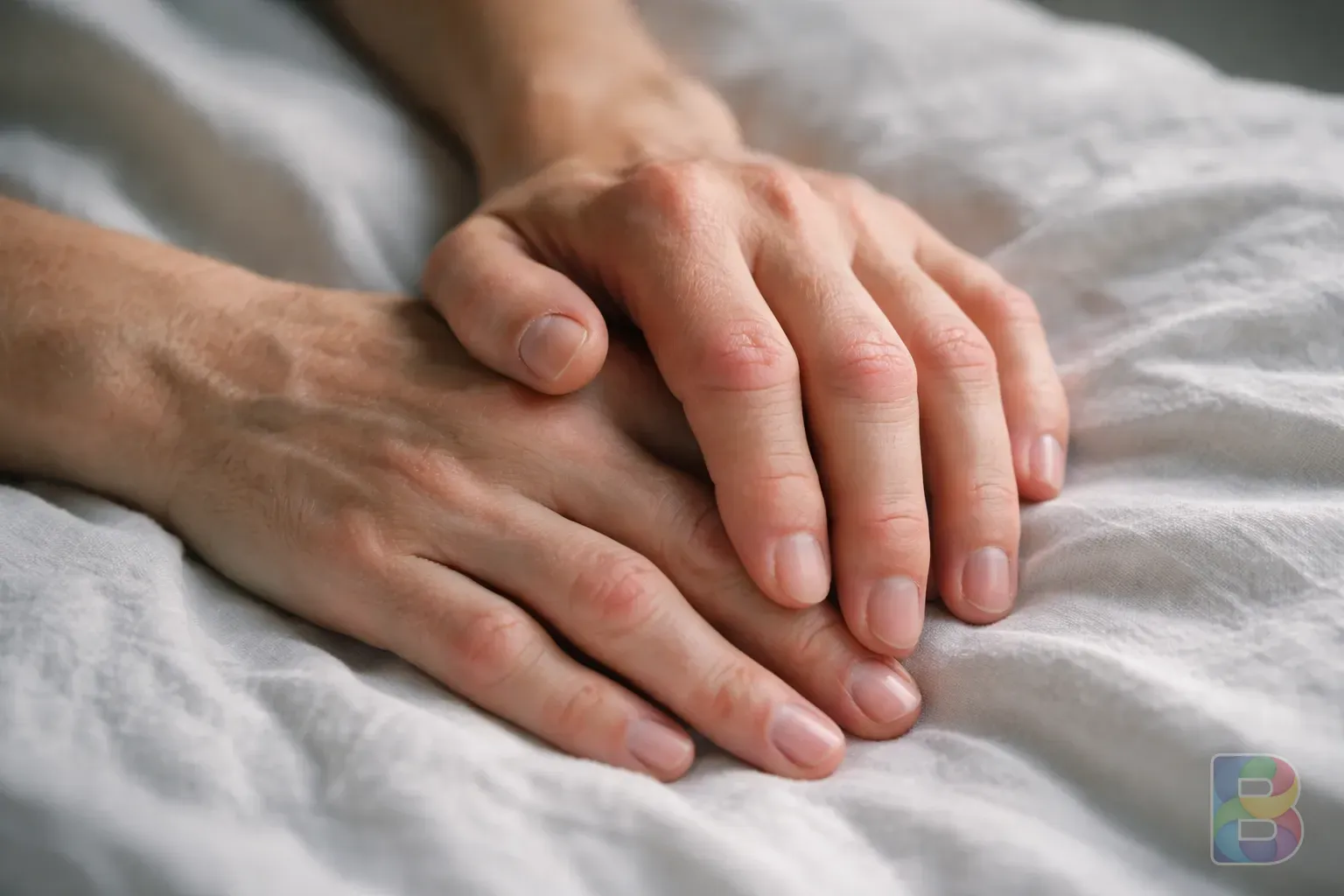 photorealistic, detail shot of a person’s hands with swollen joints resting on a white linen sheet, soft clinical lighting, high texture detail, calm but melancholic mood
