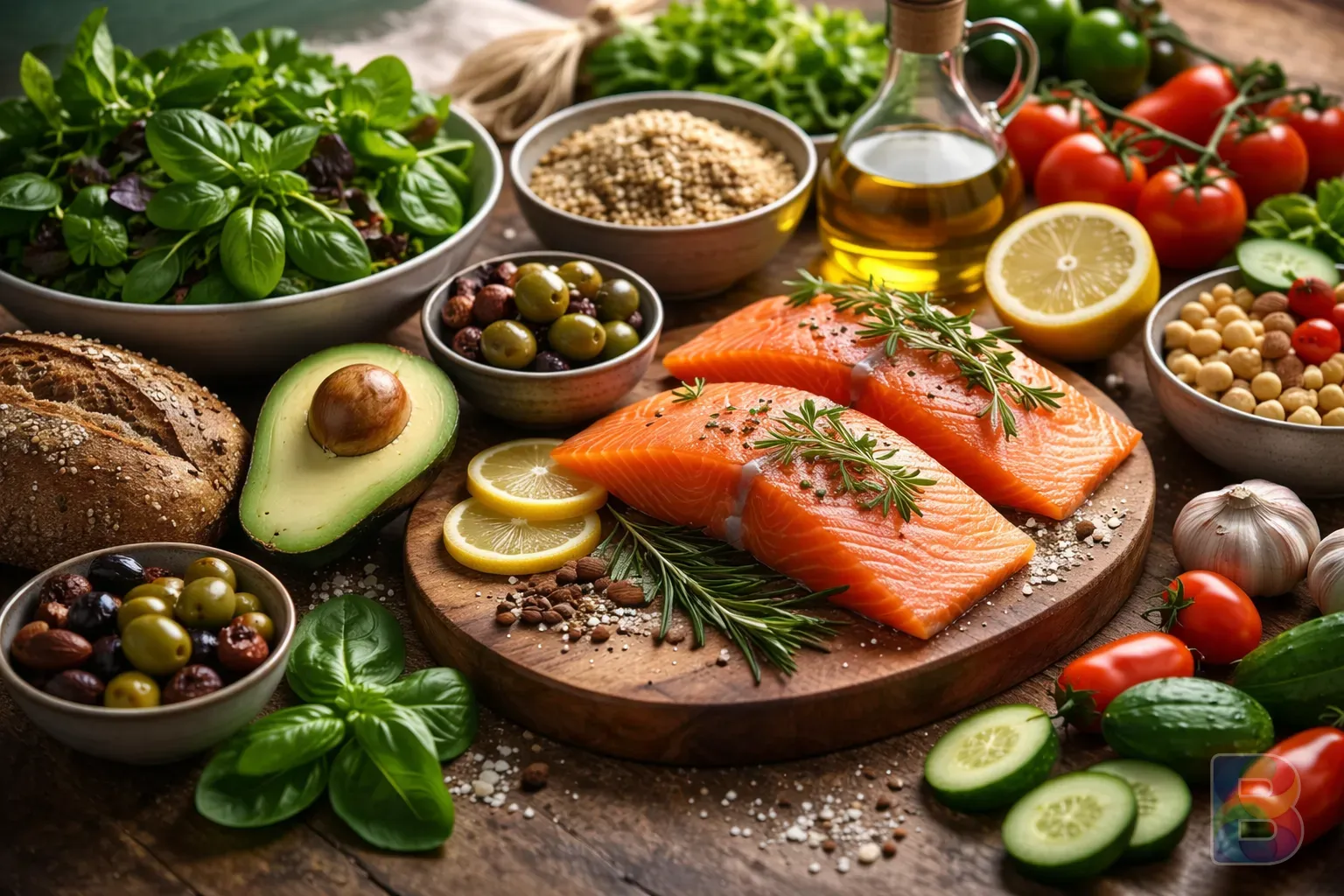 photorealistic, fresh colorful Mediterranean diet ingredients like salmon, avocado, and leafy greens arranged artistically on a table, soft natural light, vibrant healthy colors