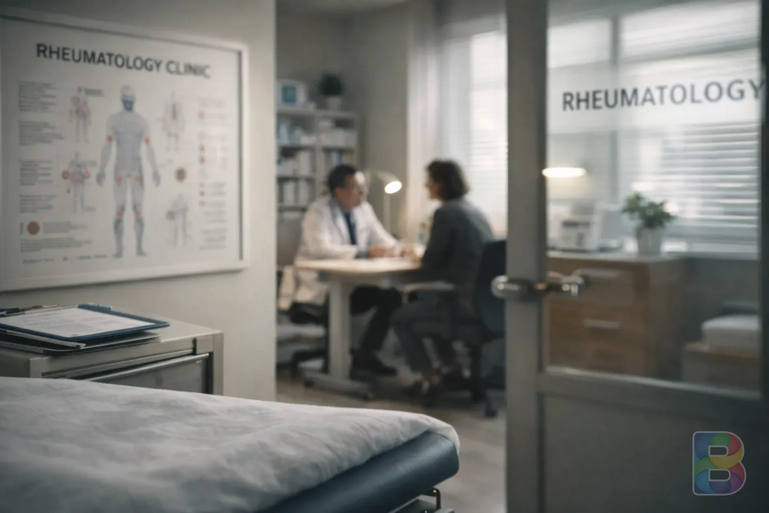 photorealistic, a modern rheumatology clinic interior, doctor consulting with a patient in the background, clinical yet warm environment, shallow depth of field