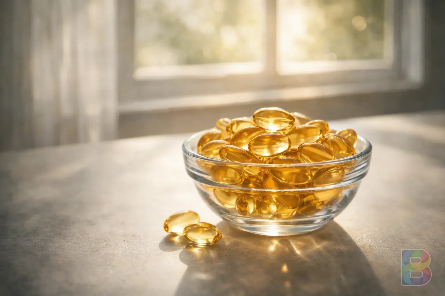 photorealistic, high-quality eye supplement capsules in a glass bowl, soft morning light from a window, clean aesthetic, cinematic lighting
