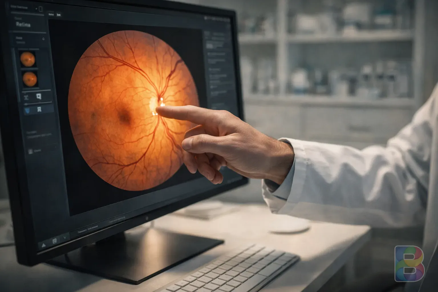 photorealistic, a doctor's hand pointing at a retinal scan on a computer screen, clinical setting, reassuring and professional mood