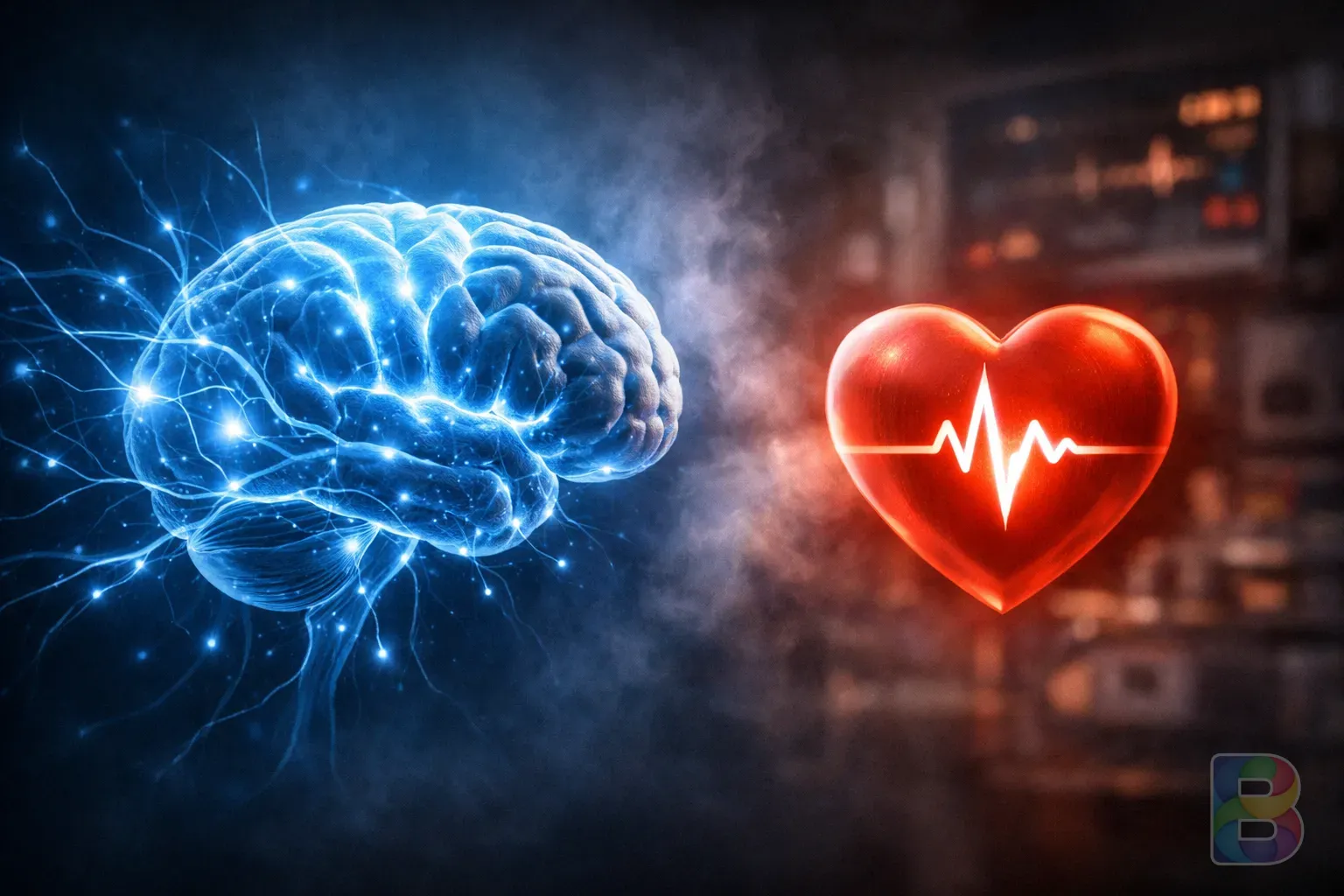 photorealistic, conceptual representation of brain health and heart health, glowing blue neural pathways and a healthy heart icon, cinematic lighting, medical aesthetic