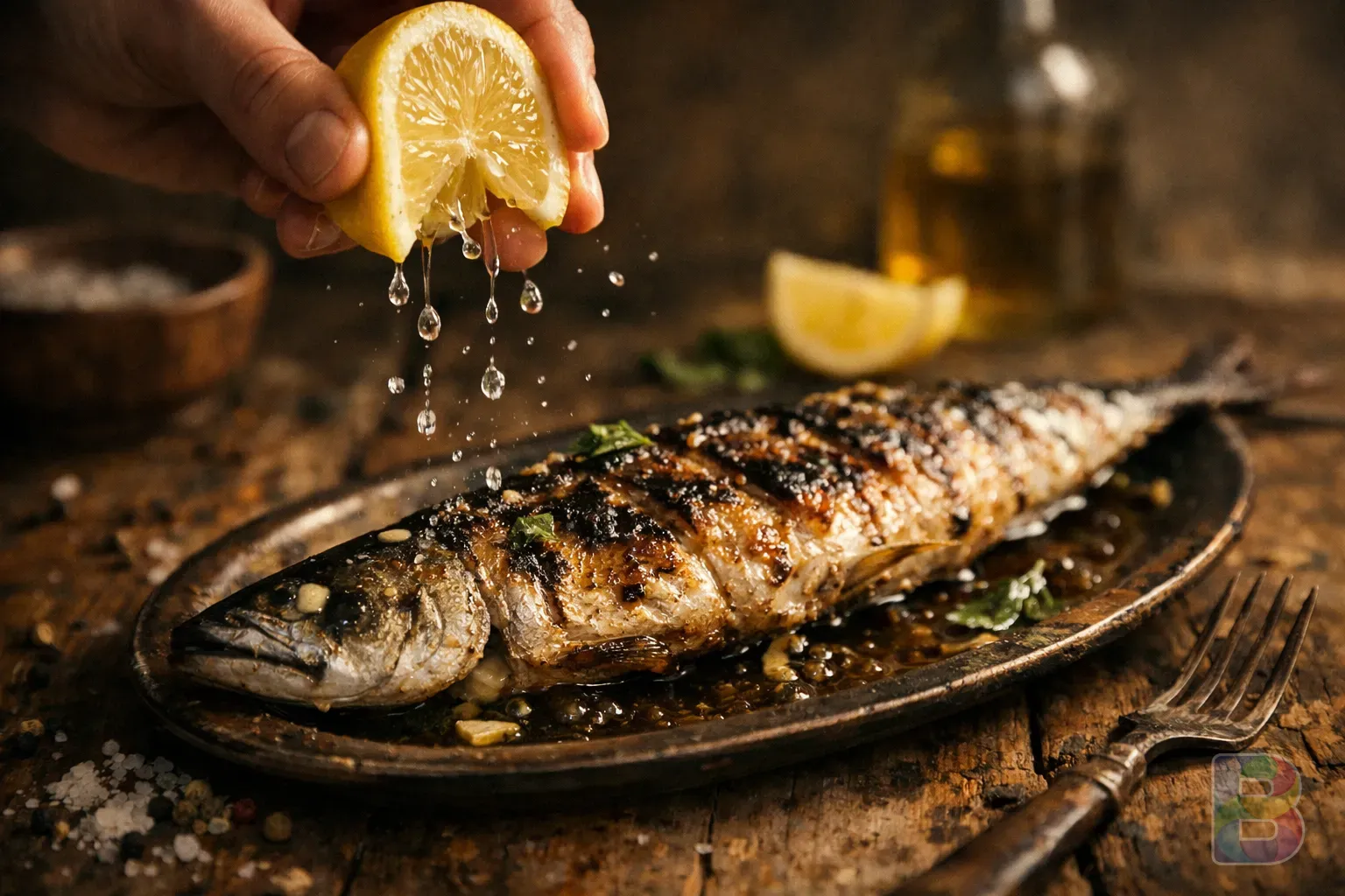 photorealistic, detail shot of a lemon being squeezed over a grilled mackerel, droplets of juice in mid-air, rustic wooden table, warm lighting