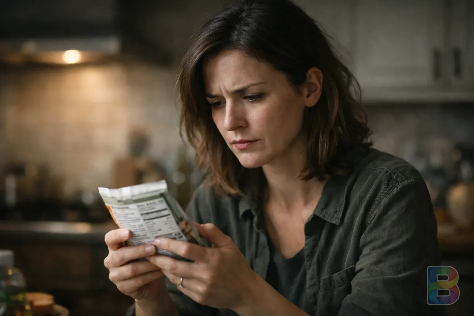 photorealistic, a person looking concerned while reading a food label, kitchen background, soft focus, thoughtful mood