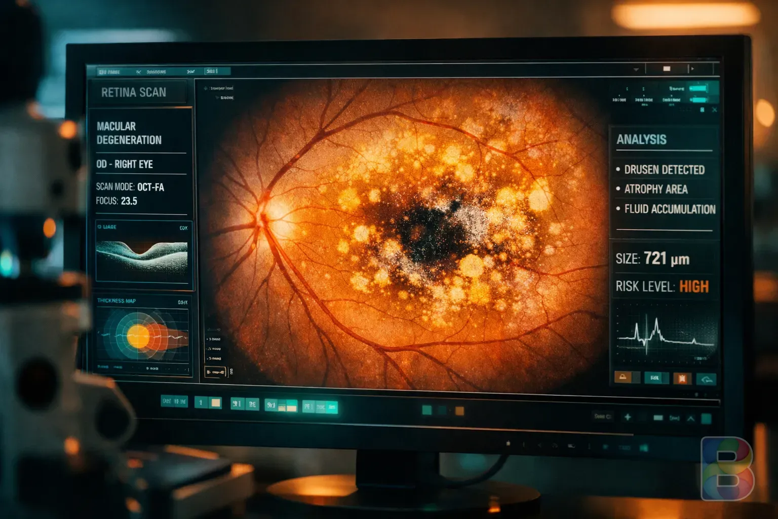photorealistic, close-up of a human retina scan showing macular degeneration, clinical display, high tech medical equipment, soft teal and orange lighting
