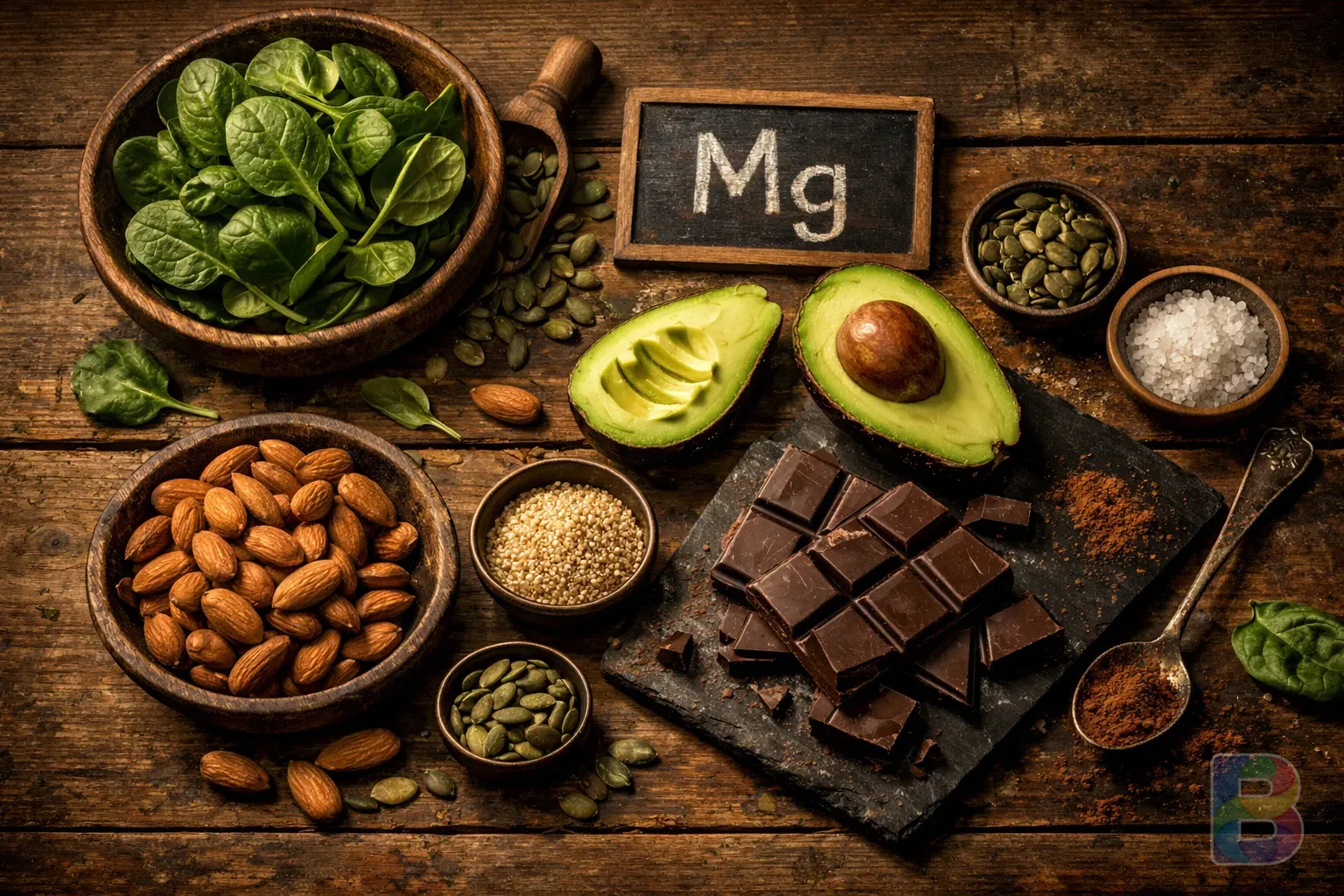 photorealistic, top-down shot of magnesium-rich foods like almonds, spinach, avocado, and dark chocolate on a rustic wooden table, warm cinematic lighting, high detail