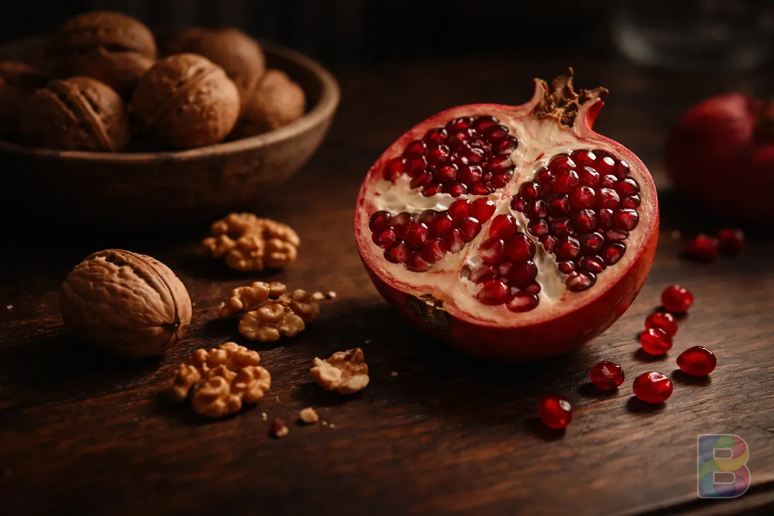 photorealistic, close-up of a fresh halved pomegranate and walnuts on a dark wooden table, soft side lighting, moody and elegant food photography