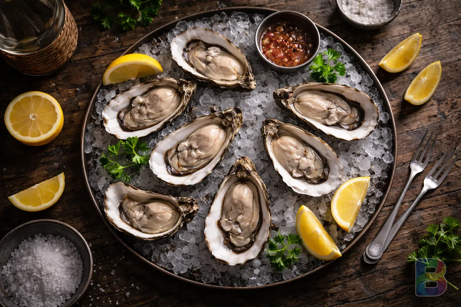 photorealistic, top-down view of fresh oysters on ice with lemon slices, rustic table background, natural soft lighting, high detail