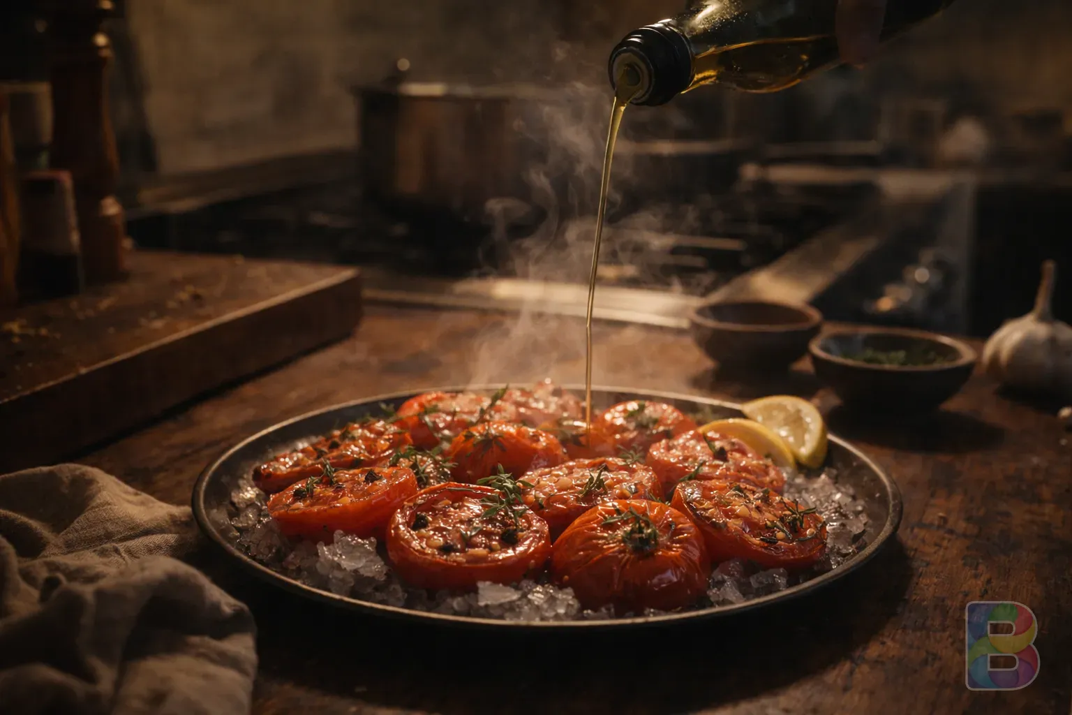 photorealistic, shot of a kitchen counter with olive oil being drizzled over cooked tomatoes, steam rising, warm homey atmosphere, cinematic lighting