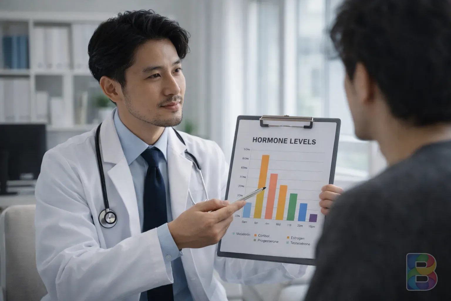 photorealistic, a doctor pointing to a chart of hormone levels in a modern medical office, reassuring mood, professional and clean environment