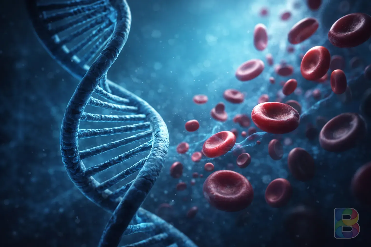 photorealistic, close-up of a DNA helix and blood flow visualization in a clinical blue background, cinematic lighting, high-tech medical feel