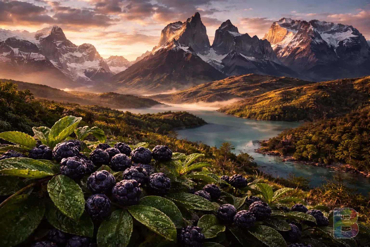 photorealistic, wide shot of the rugged Patagonia mountains in Chile at sunrise, wild maqui berry bushes in the foreground, cinematic lighting, epic landscape
