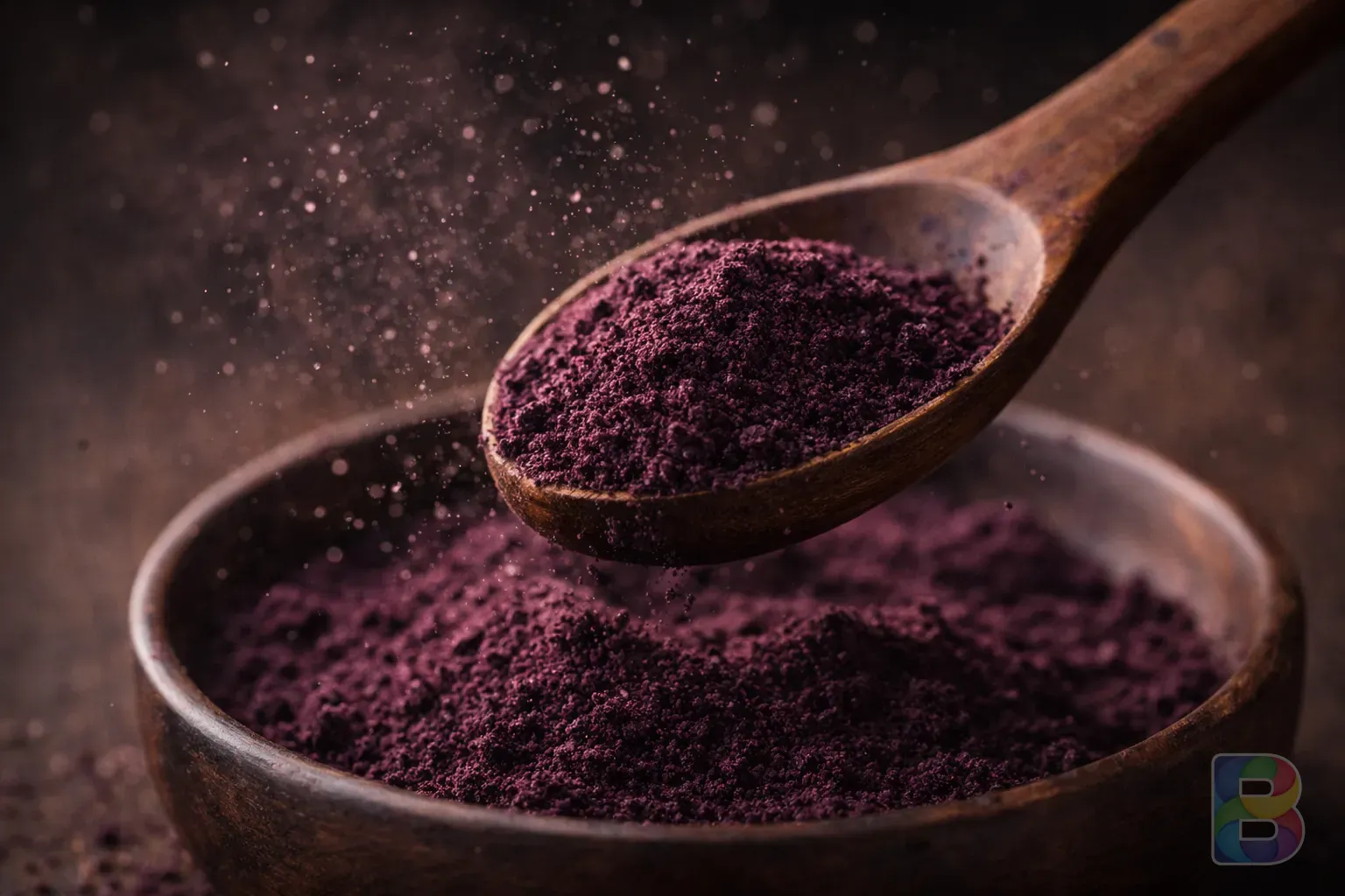 photorealistic, macro detail shot of deep purple maqui berry powder being scooped by a wooden spoon, dust particles in the air, moody cinematic lighting