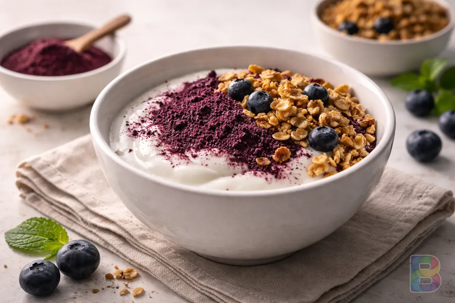 photorealistic, a white ceramic bowl filled with Greek yogurt topped with purple maqui berry powder and granola, soft morning light, minimalist aesthetic