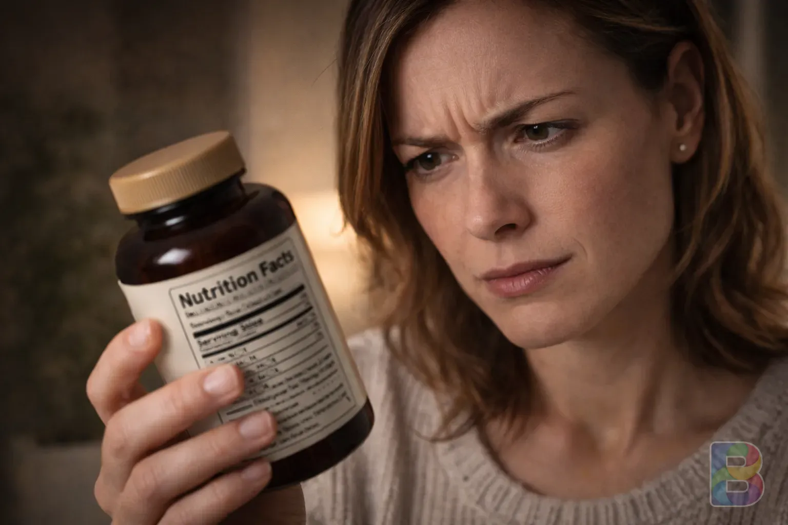 photorealistic, a person looking at a nutrition label on a bottle with a concerned expression, soft domestic lighting, high detail