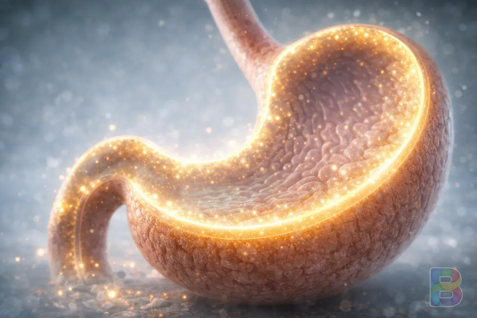 photorealistic, illustration of a healthy stomach lining with a glowing protective layer, clean medical aesthetic, soft blues and golds, 8k resolution