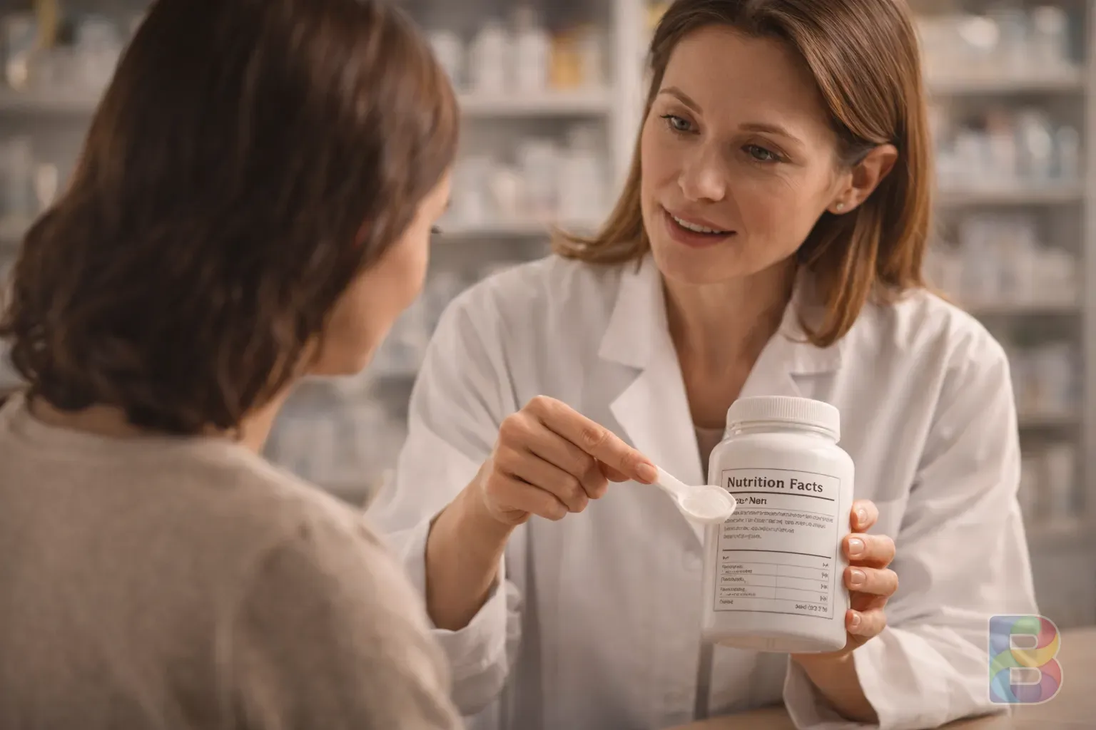 photorealistic, a professional pharmacist explaining supplement labels to a customer, blurred pharmacy shelves in background, reassuring atmosphere, cinematic lighting
