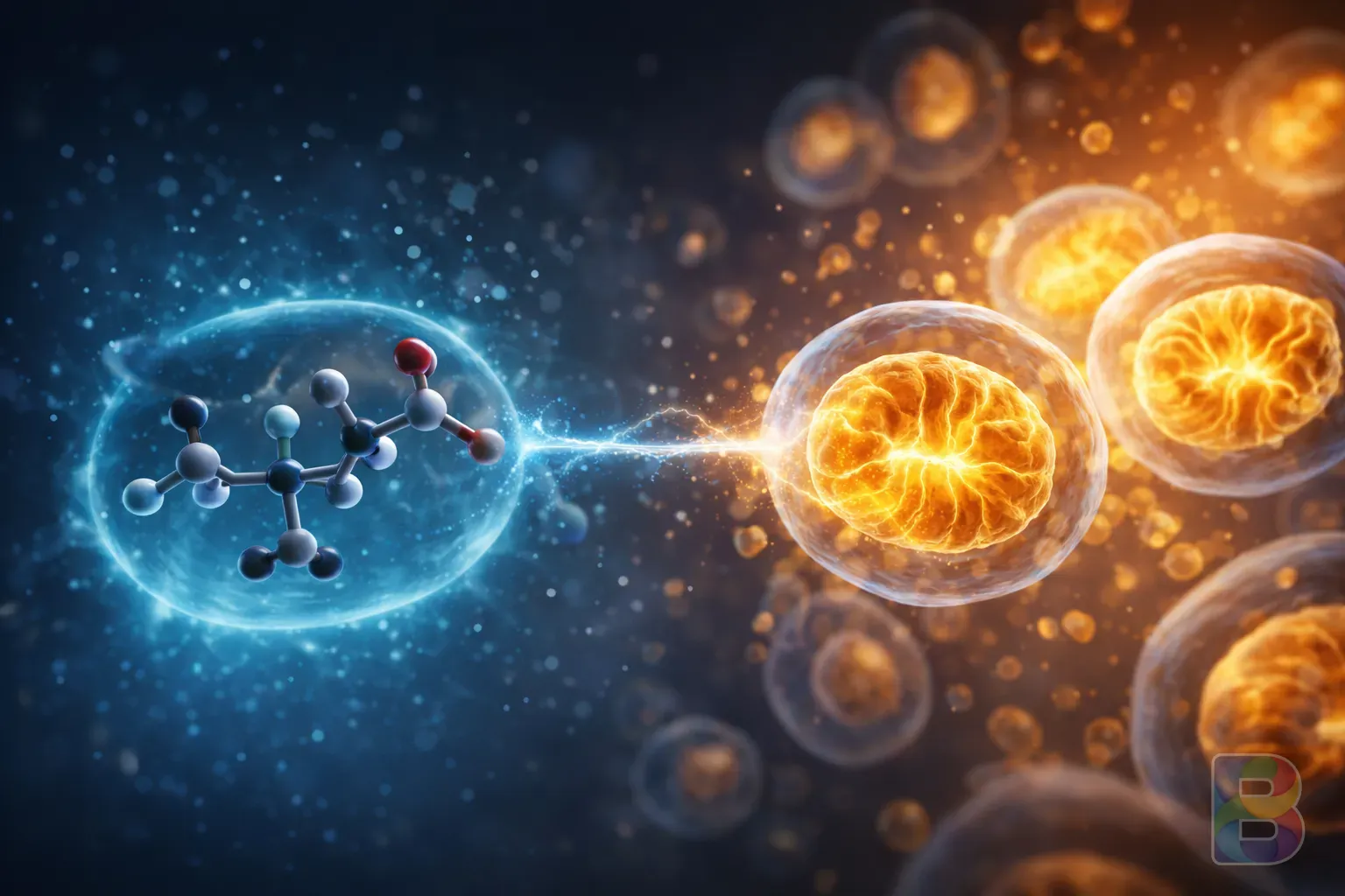 photorealistic, molecular structure representation of medium-chain triglycerides transitioning into energy cells, soft blue and golden lighting, cinematic 3d render, professional medical visualization