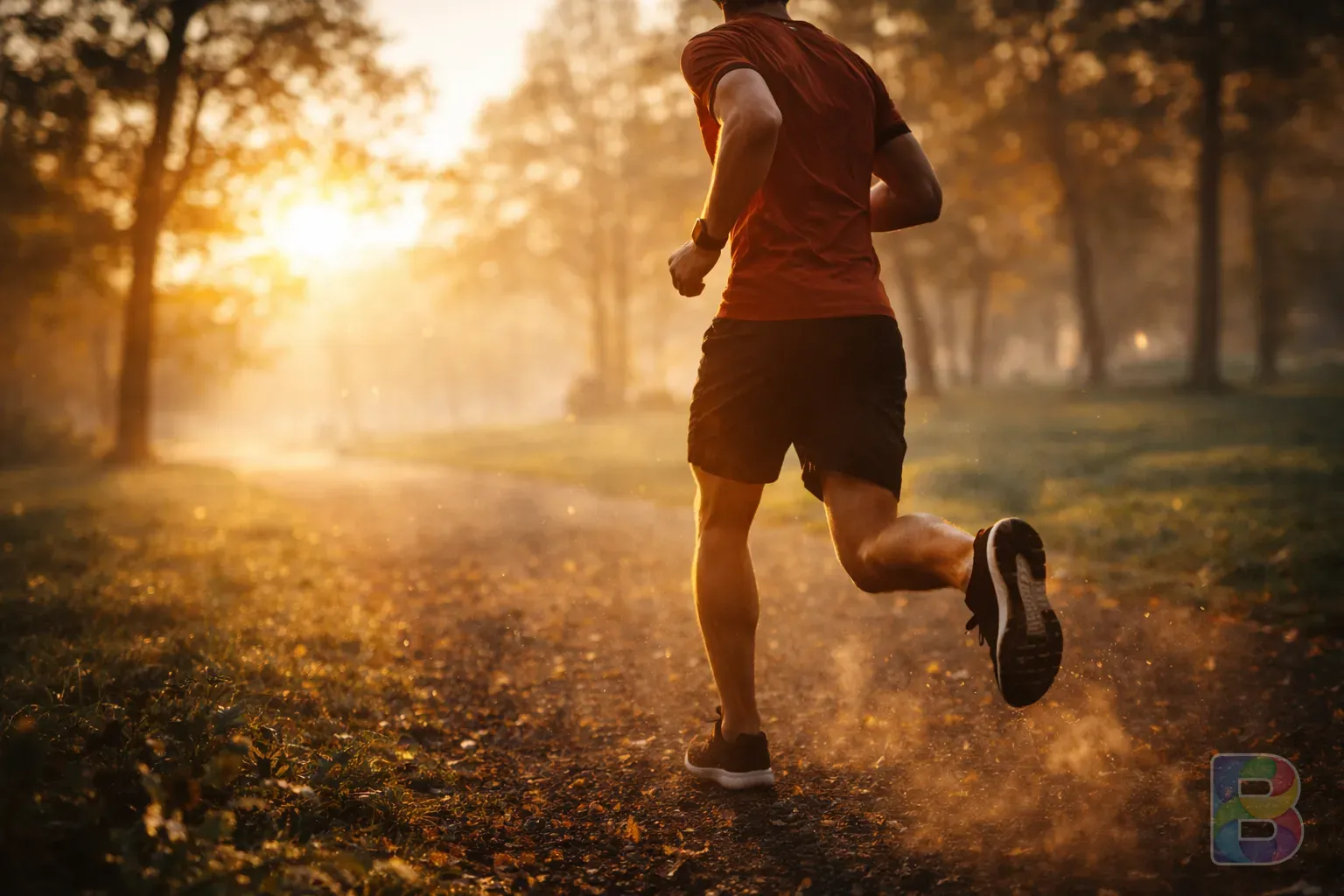 photorealistic, detail shot of a healthy vibrant person jogging in a park during sunrise, focus on energy and movement, cinematic lighting, warm tones, high detail