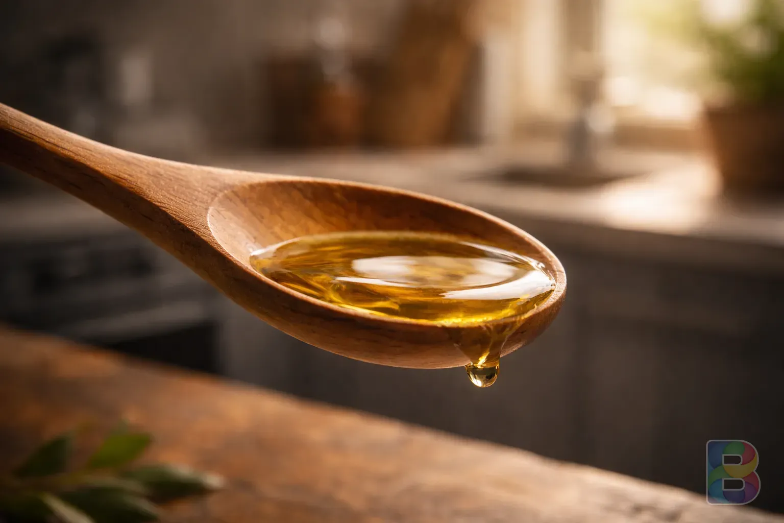 photorealistic, close-up of a wooden spoon holding a small amount of oil, soft focus background of a kitchen, natural lighting, calm atmosphere, professional food photography