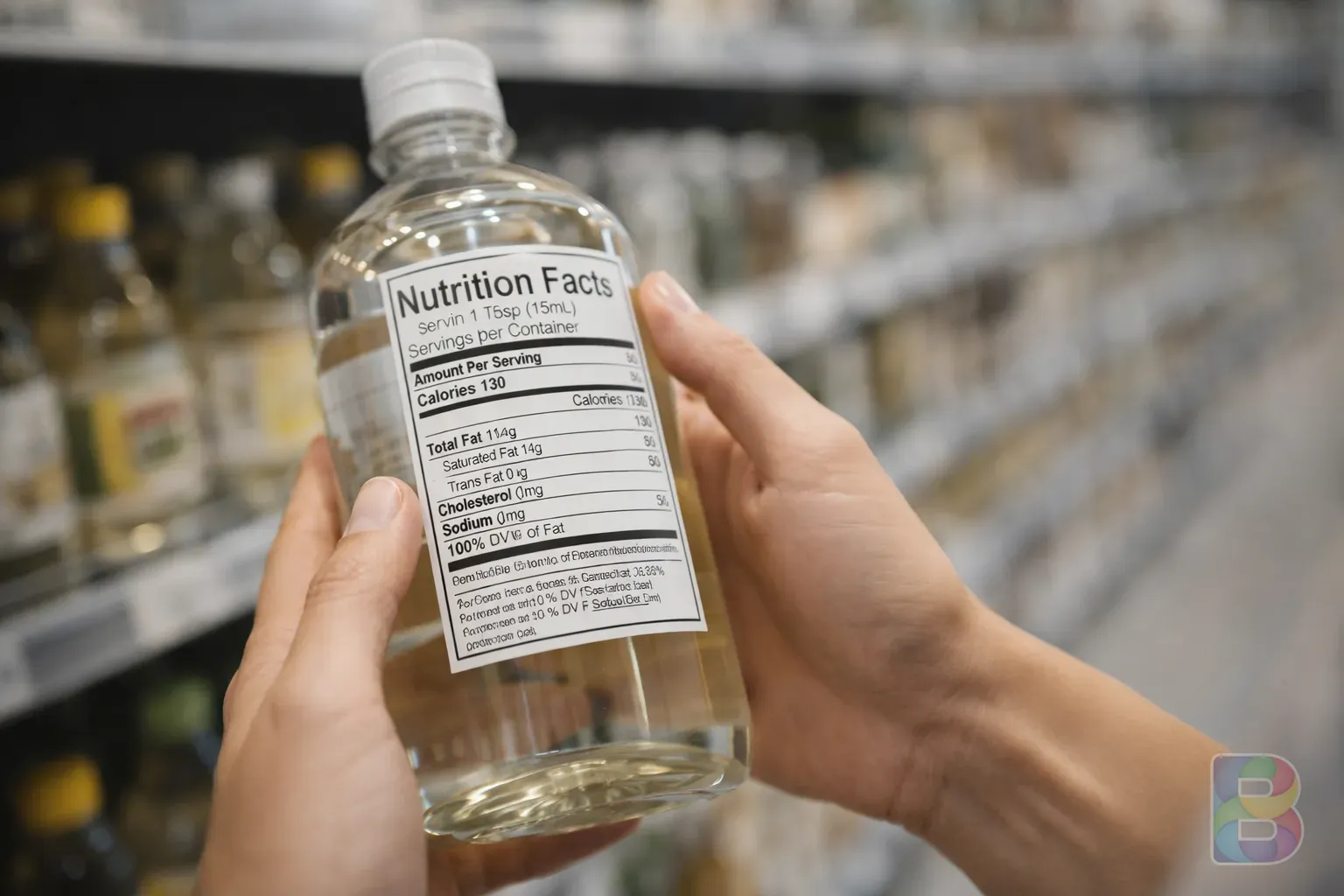 photorealistic, a person reading a nutrition label on a bottle in a grocery store, focus on hands and label, soft clinical lighting, informative atmosphere