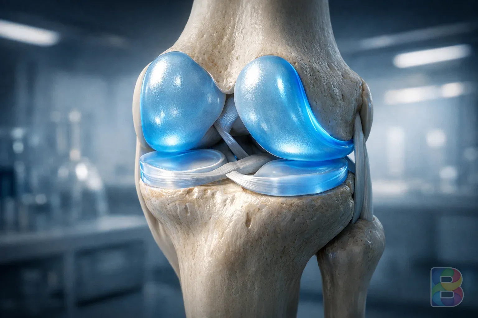 photorealistic, 3D medical illustration of a human knee joint showing the meniscus, translucent blue highlights on the cartilage, clean laboratory background, cinematic lighting