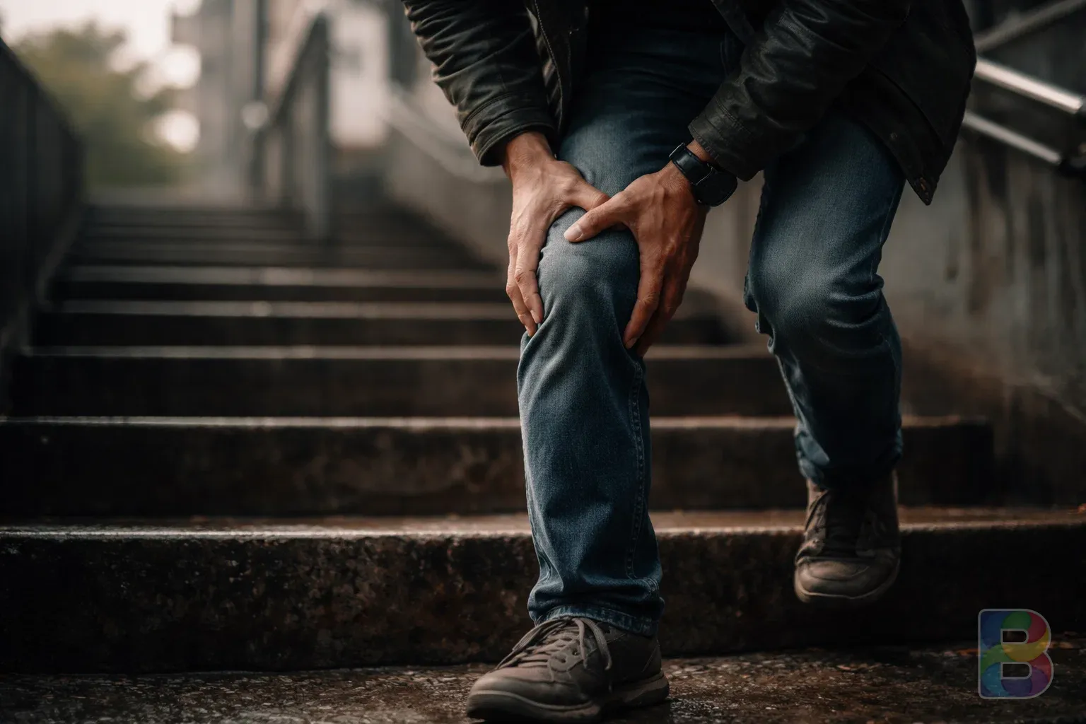 photorealistic, detail shot of a person struggling to walk down stairs, focus on the knee joint, urban outdoor setting, soft natural light, cinematic mood