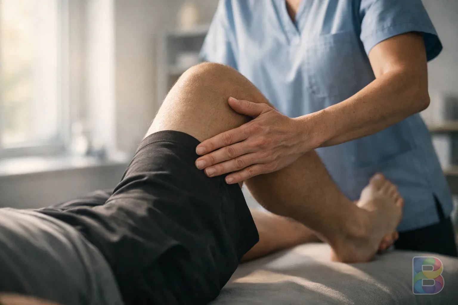 photorealistic, close-up of a physical therapist's hands guiding a patient's leg through a gentle stretching exercise, bright clinical room, soft daylight, cinematic lighting