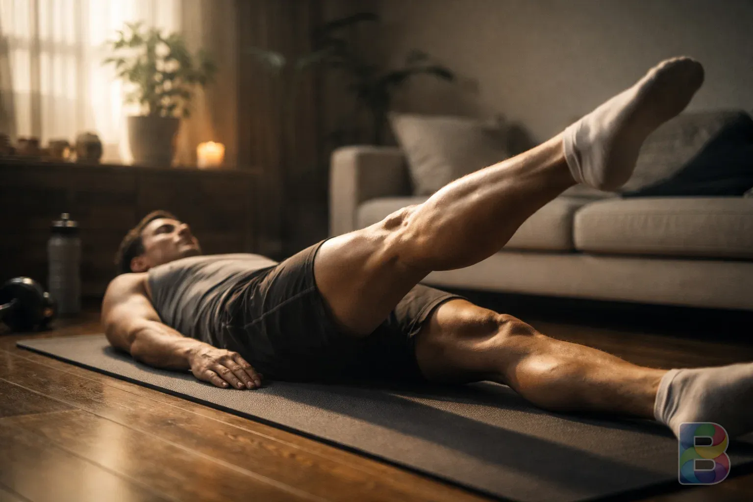 photorealistic, a person doing straight leg raises on a yoga mat at home, focus on the quadriceps muscle, soft morning light, cinematic lighting